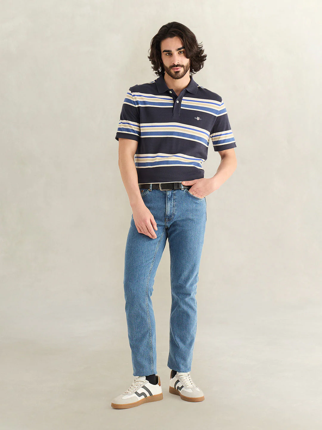 Gant Men Navy Blue Striped Regular Fit Polo T-Shirt - Image 3