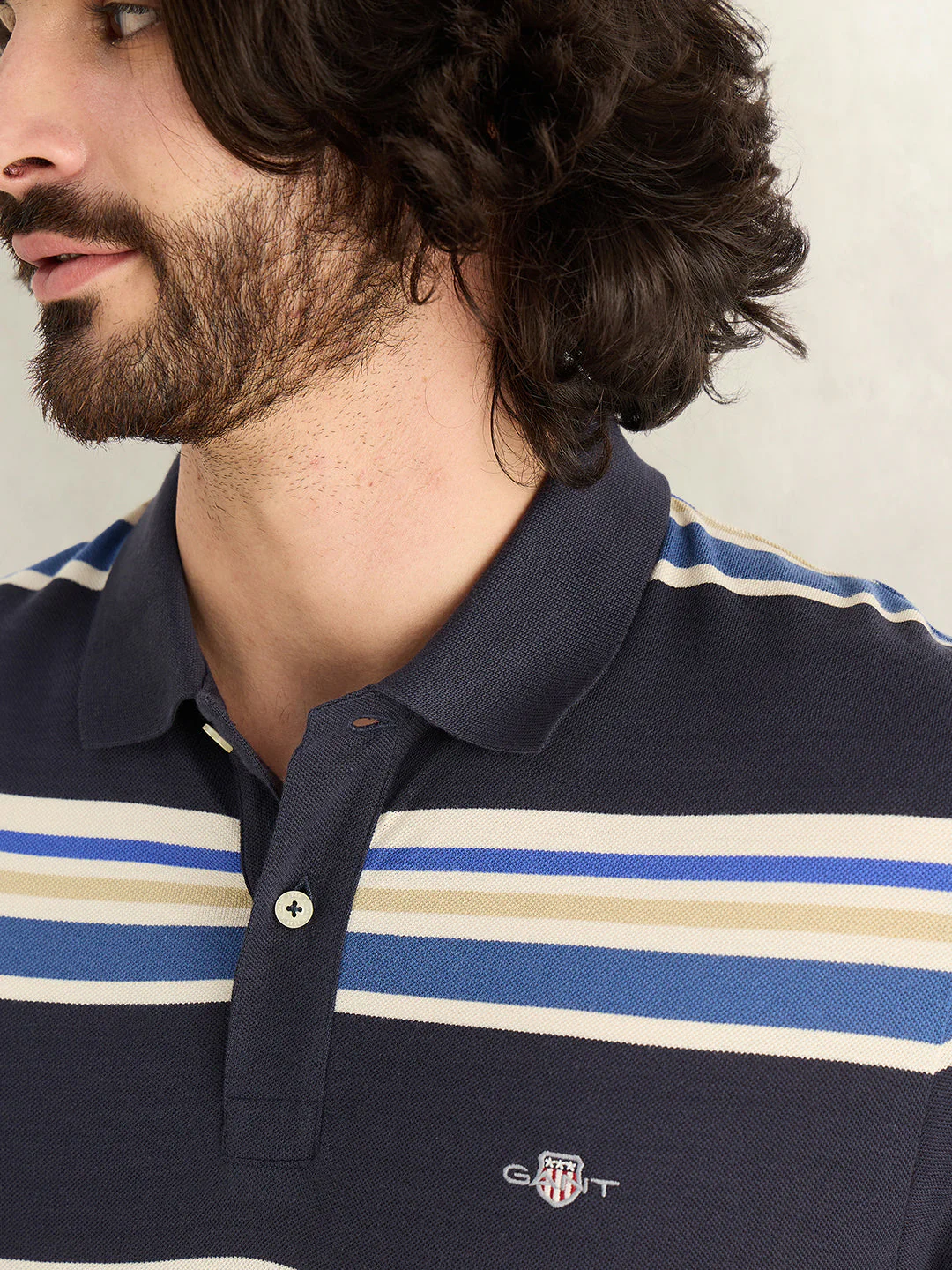 Gant Men Navy Blue Striped Regular Fit Polo T-Shirt - Image 4