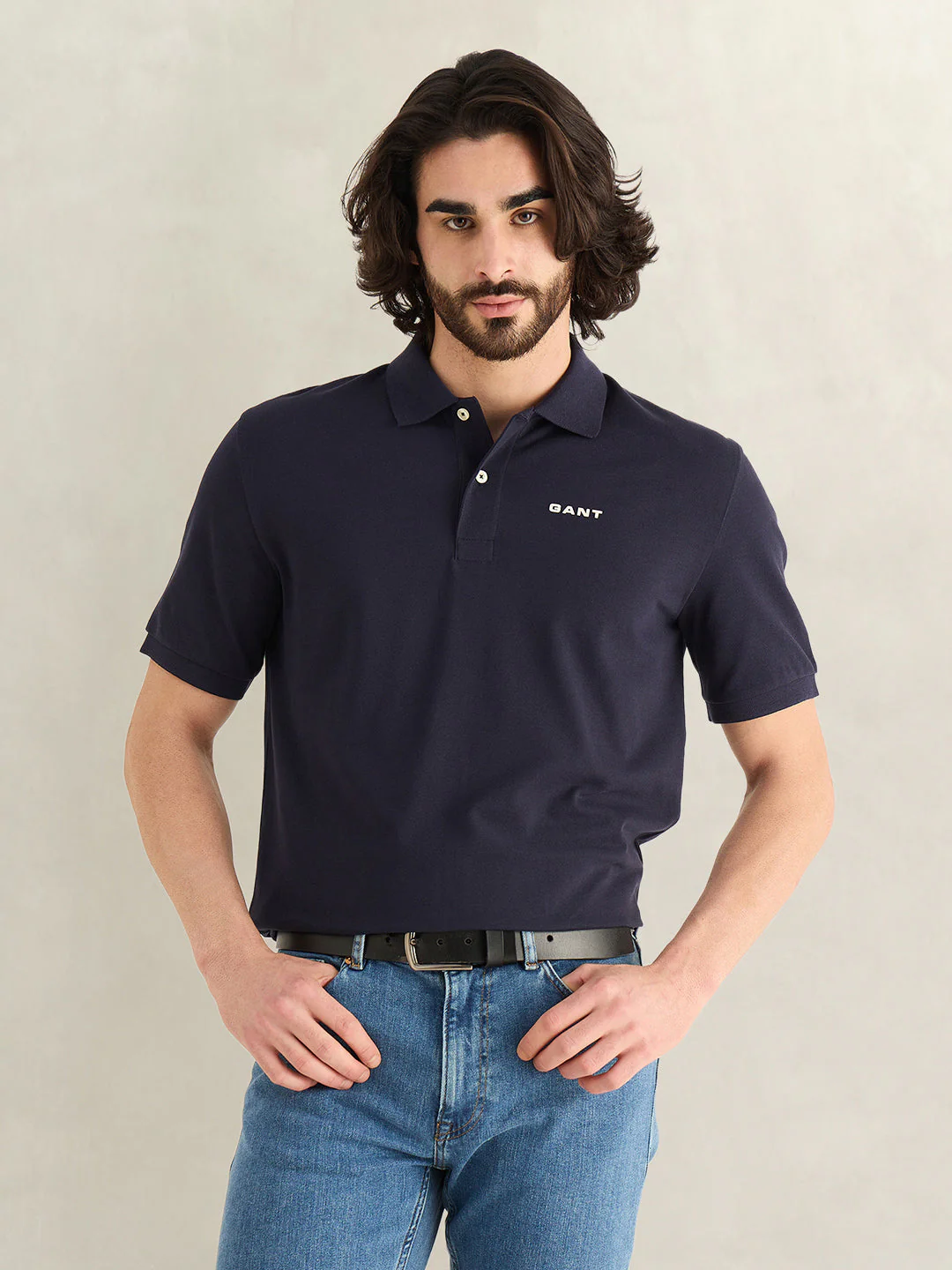Gant Men Navy Blue Solid Regular Fit Pure Cotton Polo T-Shirt