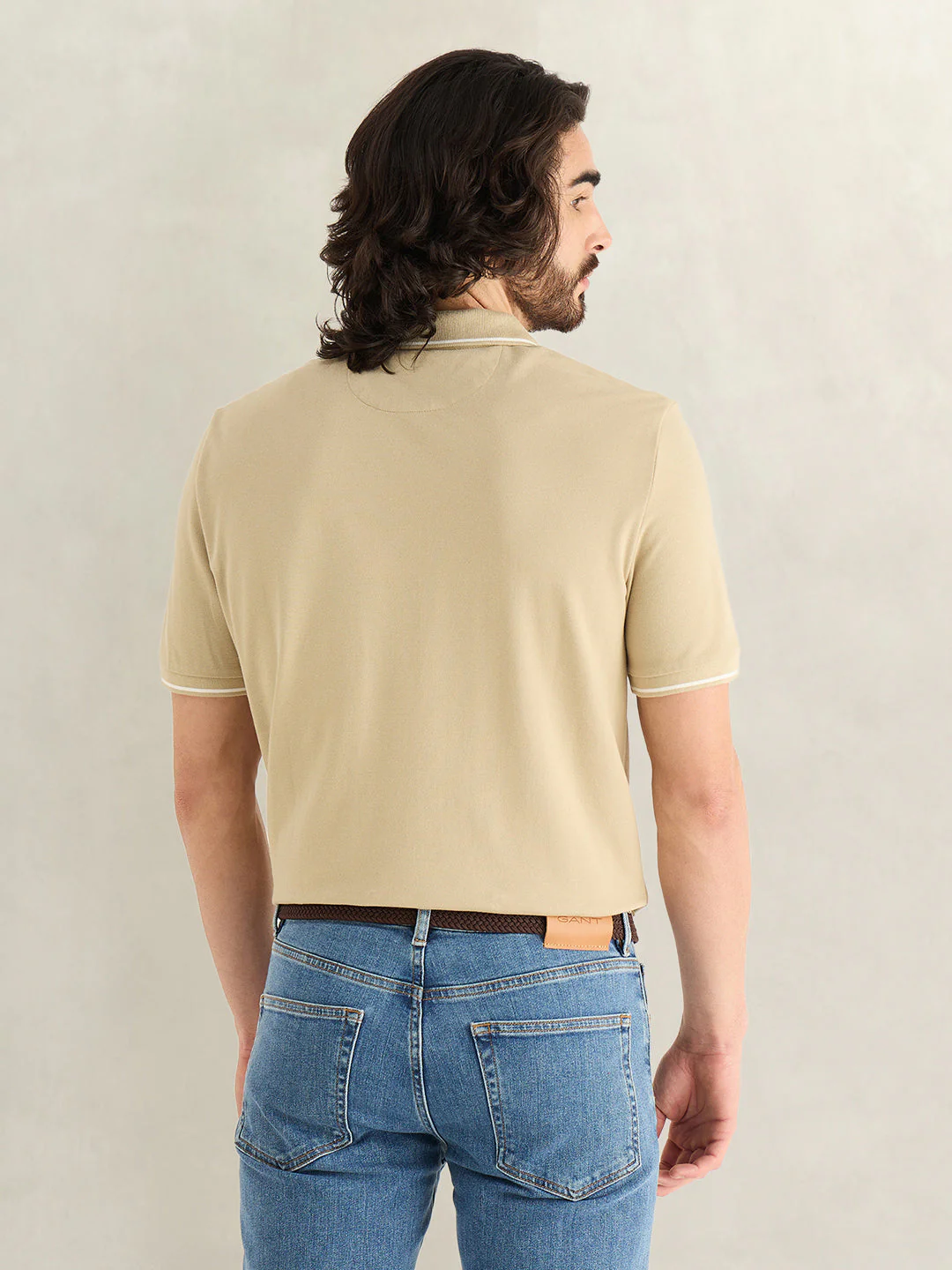 Gant Men Beige Solid Regular Fit Polo T-Shirt - Image 2