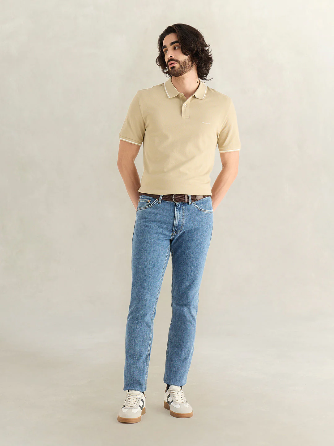 Gant Men Beige Solid Regular Fit Polo T-Shirt - Image 3