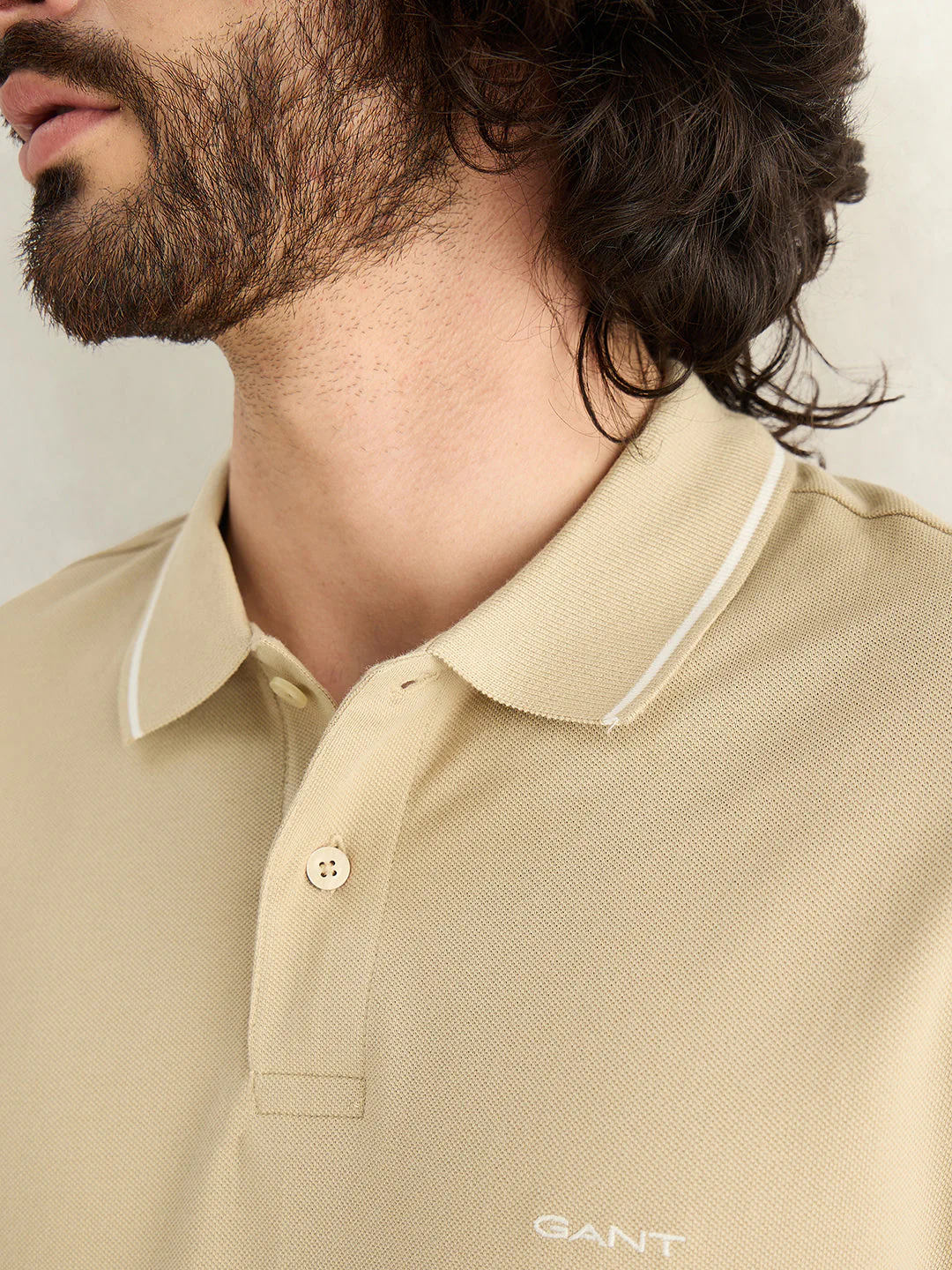 Gant Men Beige Solid Regular Fit Polo T-Shirt - Image 4