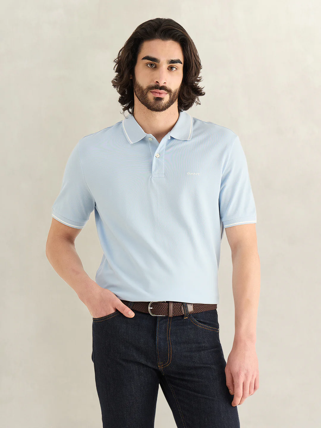 Gant Men Sky Blue Solid Regular Fit Polo T-Shirt