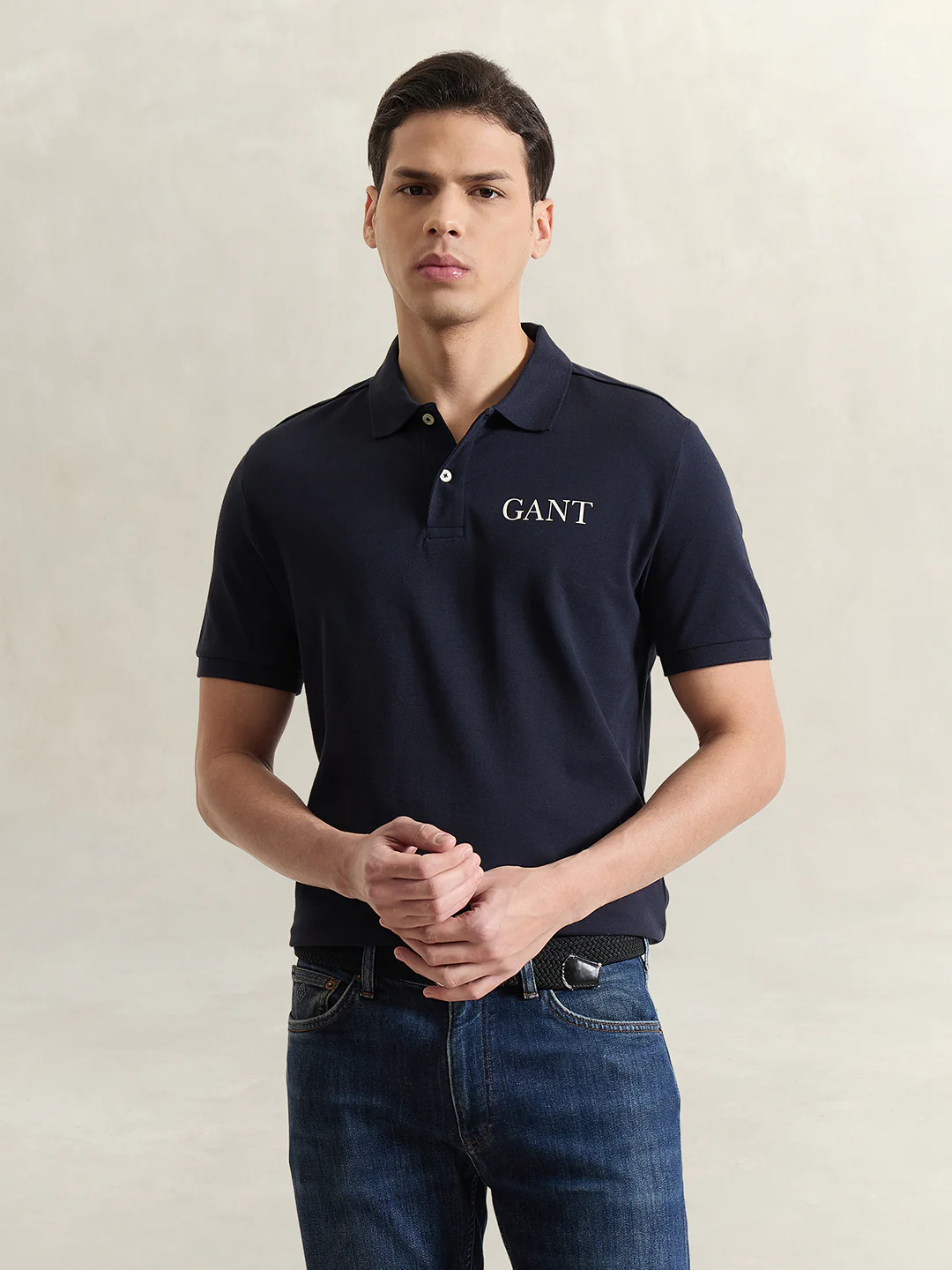 Gant Men Navy Blue Solid Regular Fit Pure Cotton Polo T-Shirt - Image 2