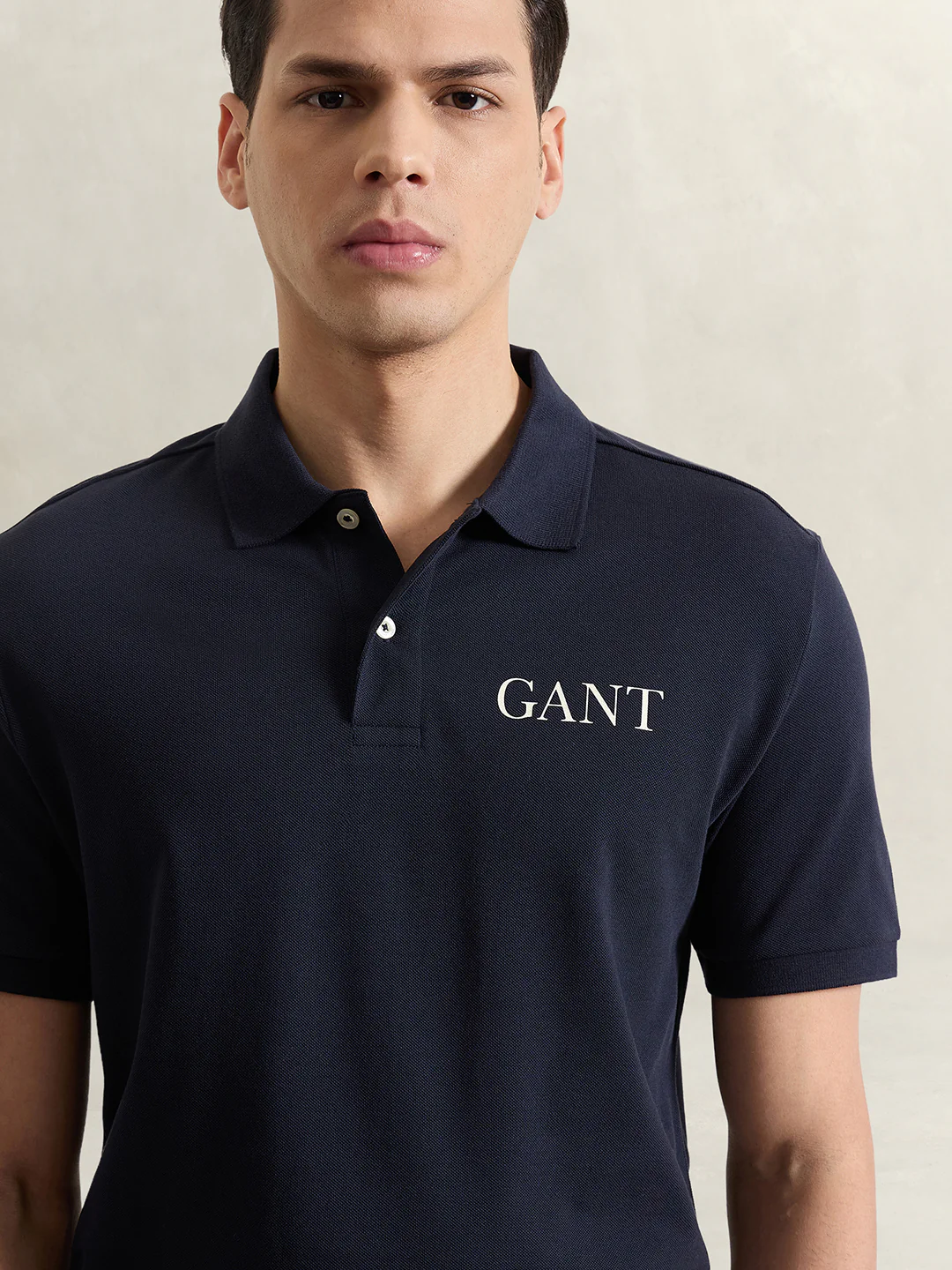 Gant Men Navy Blue Solid Regular Fit Pure Cotton Polo T-Shirt - Image 3