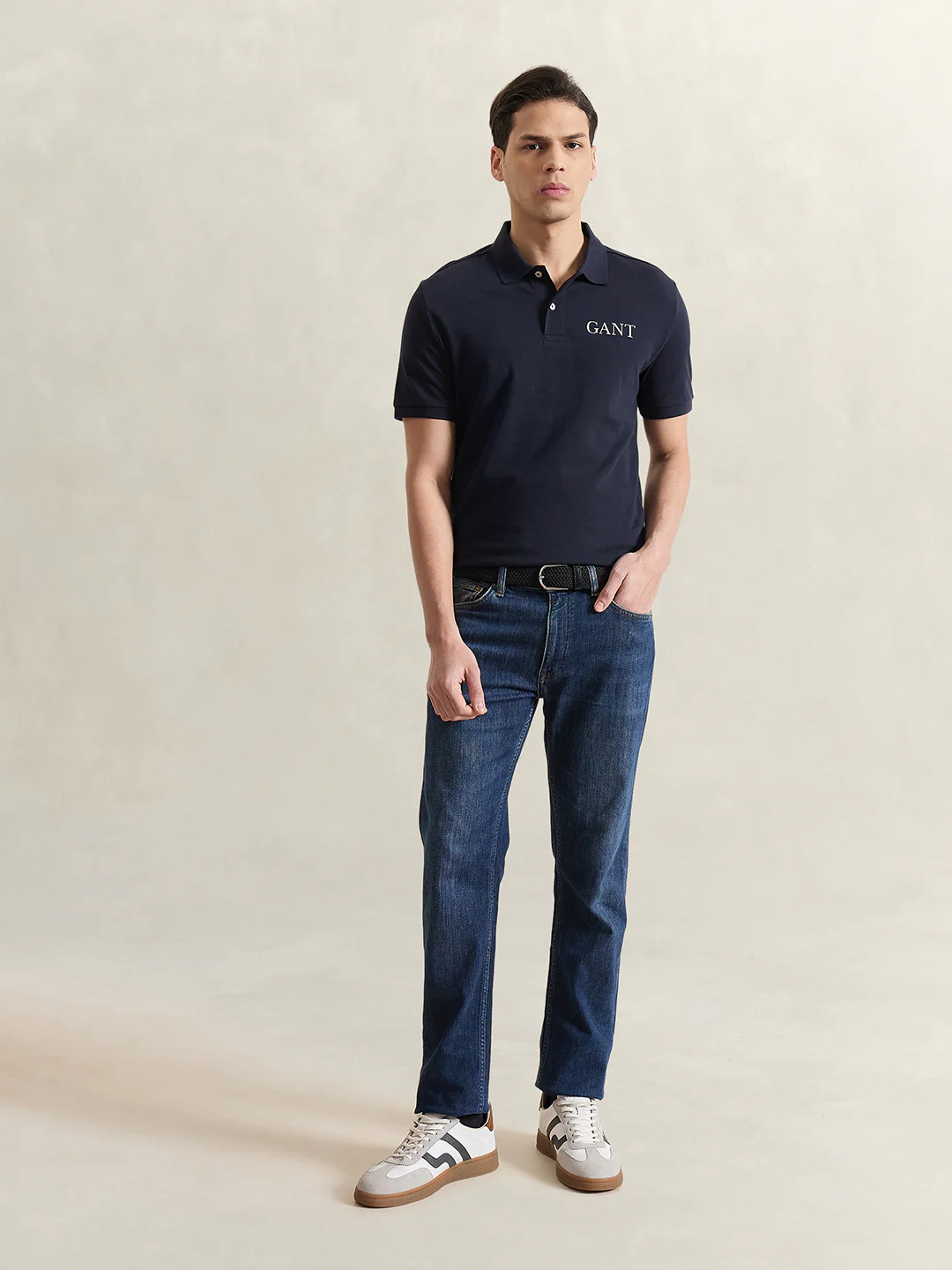 Gant Men Navy Blue Solid Regular Fit Pure Cotton Polo T-Shirt - Image 5