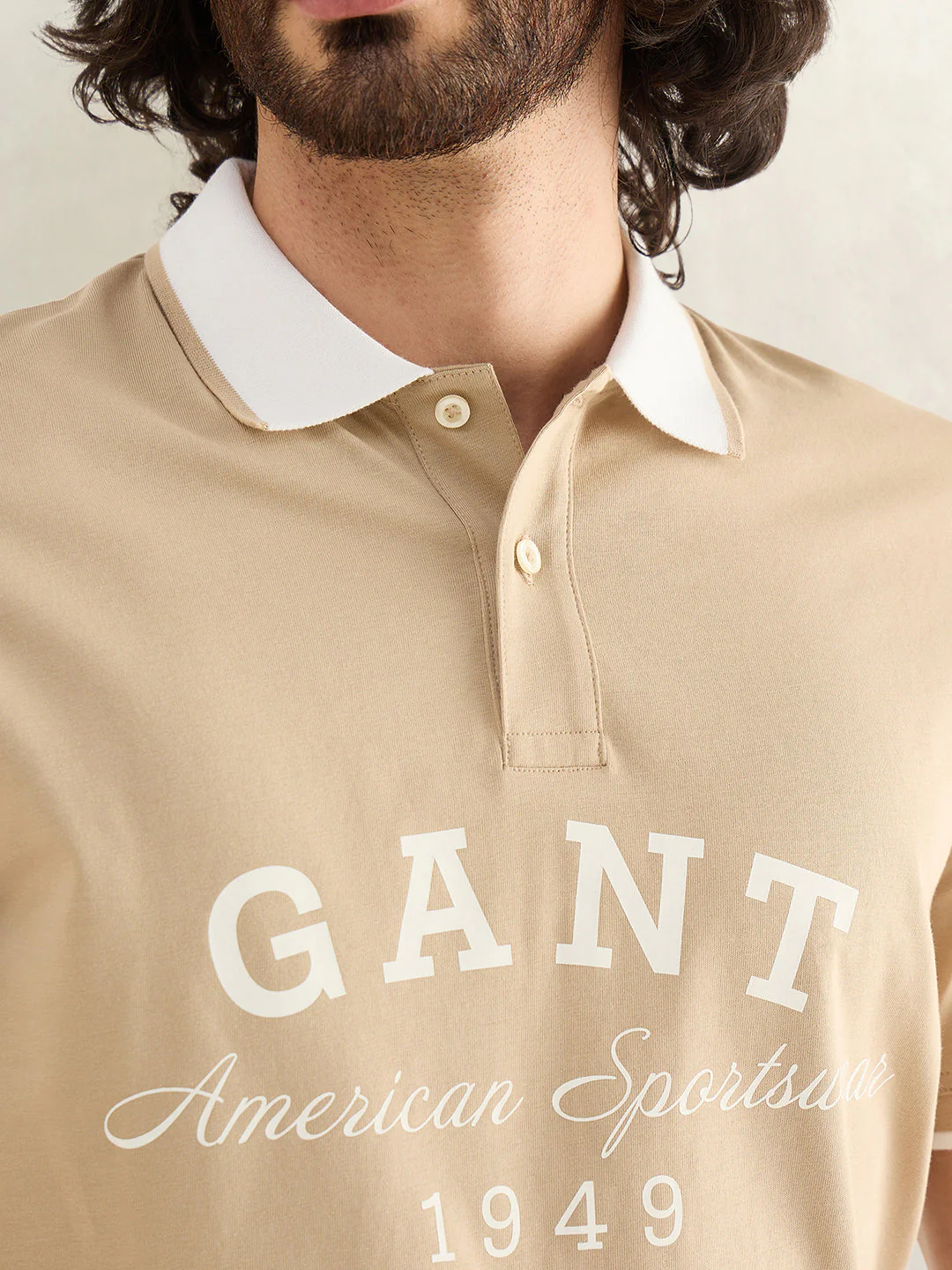 Gant Men Beige Printed Regular Fit Pure Cotton Polo T-Shirt - Image 4