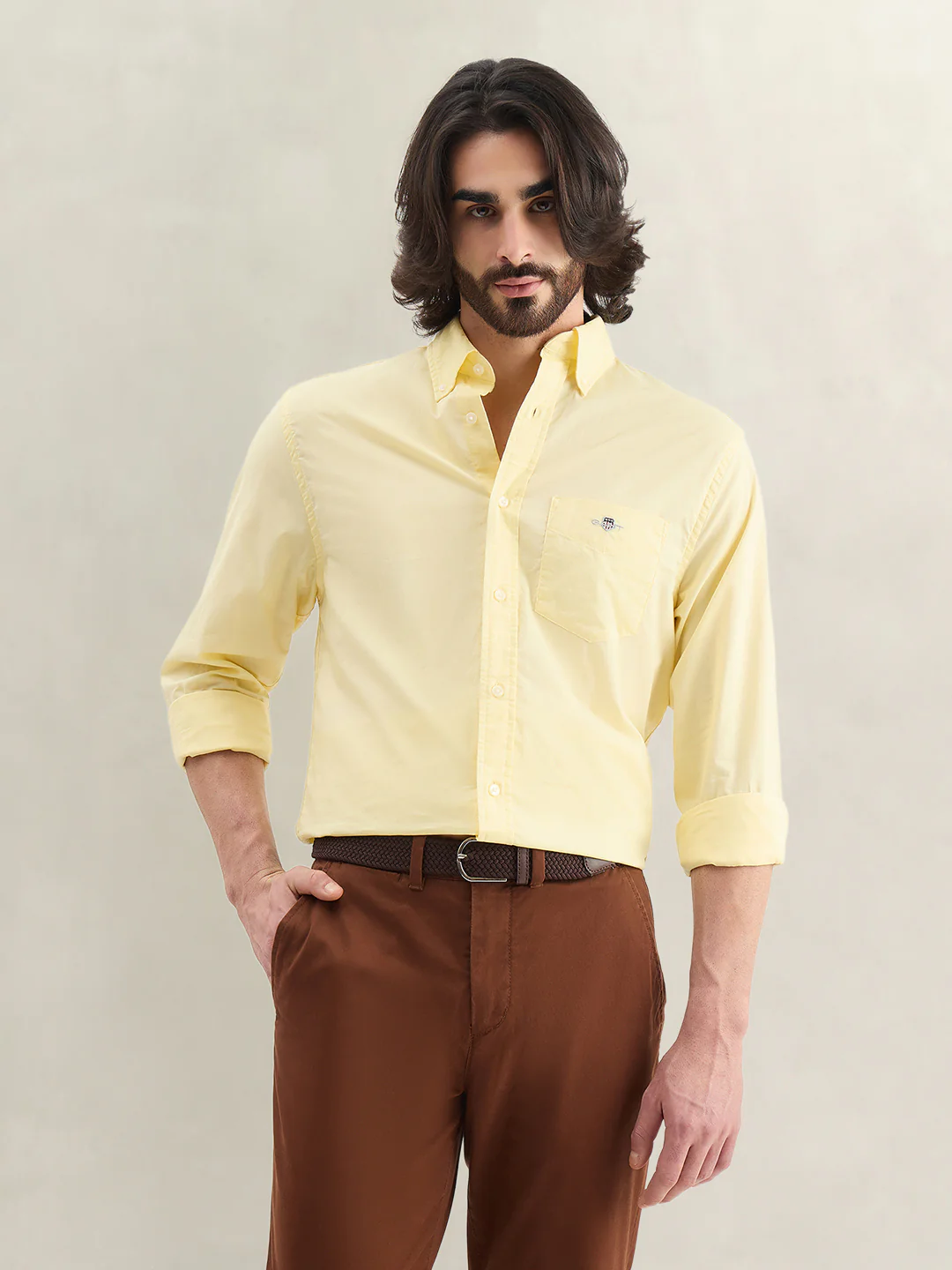 Gant Men Yellow Striped Regular Fit Classic Poplin Shirt
