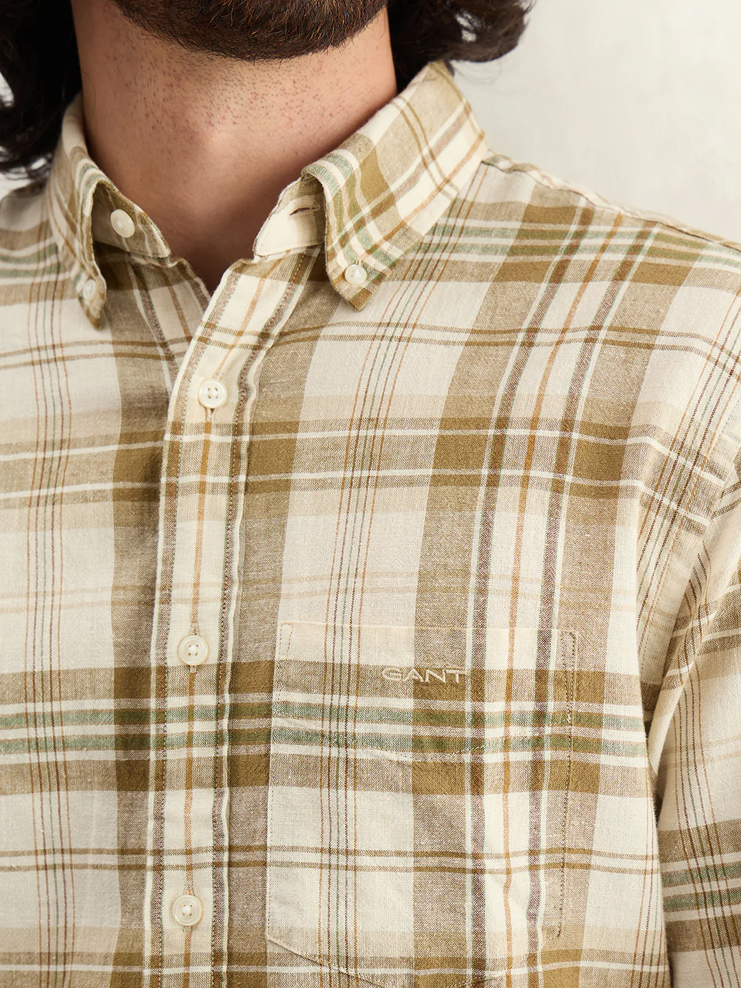 Gant Men Khaki Checked Regular Fit Linen Madras Checked Shirt - Image 2