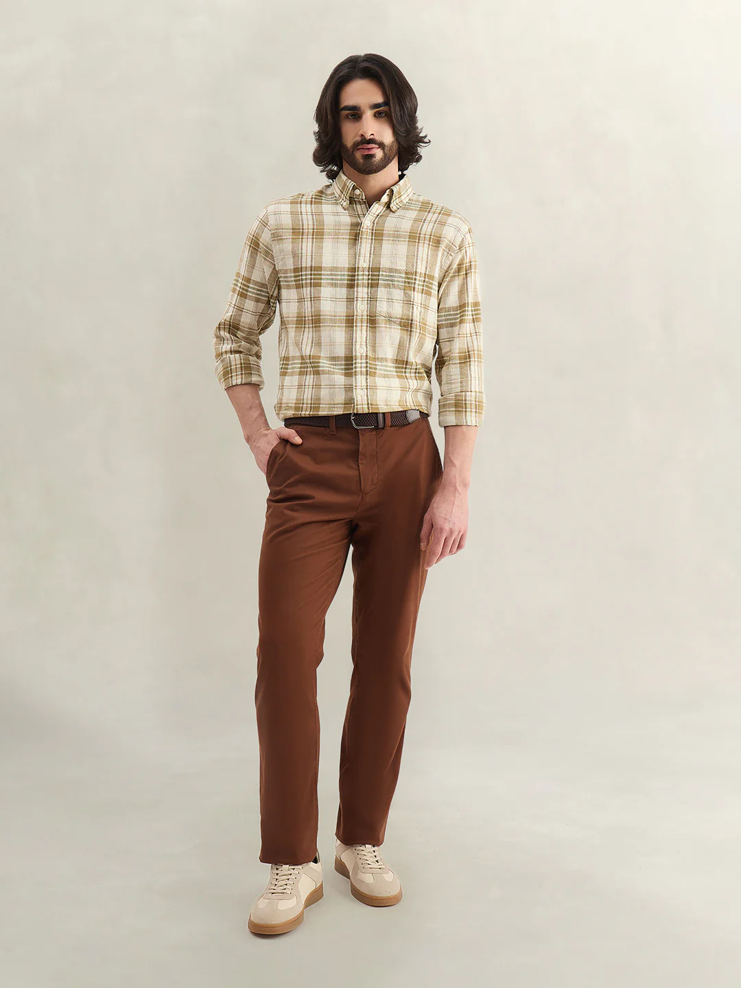 Gant Men Khaki Checked Regular Fit Linen Madras Checked Shirt - Image 4