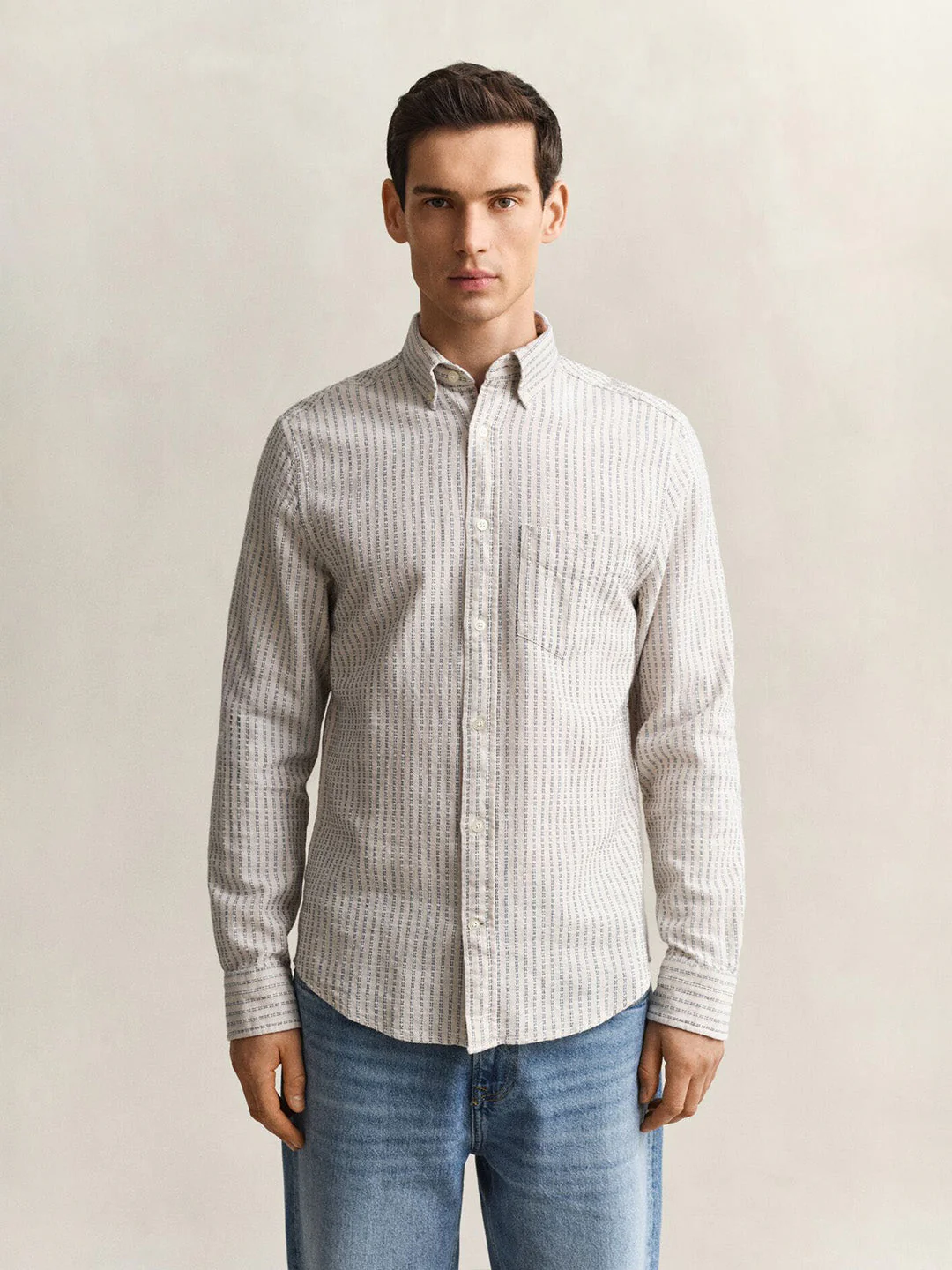 Gant Men Beige Striped Regular Fit Cotton Linen Shirt - Image 2