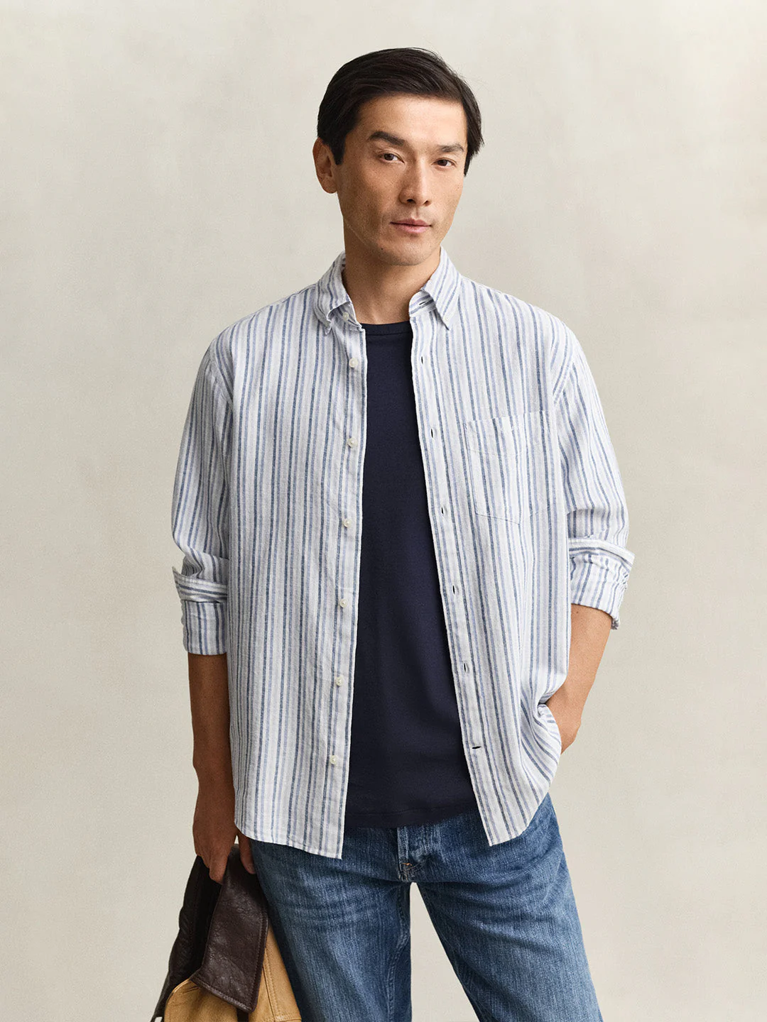 Gant Men Blue Striped Regular Fit Cotton Linen Shirt