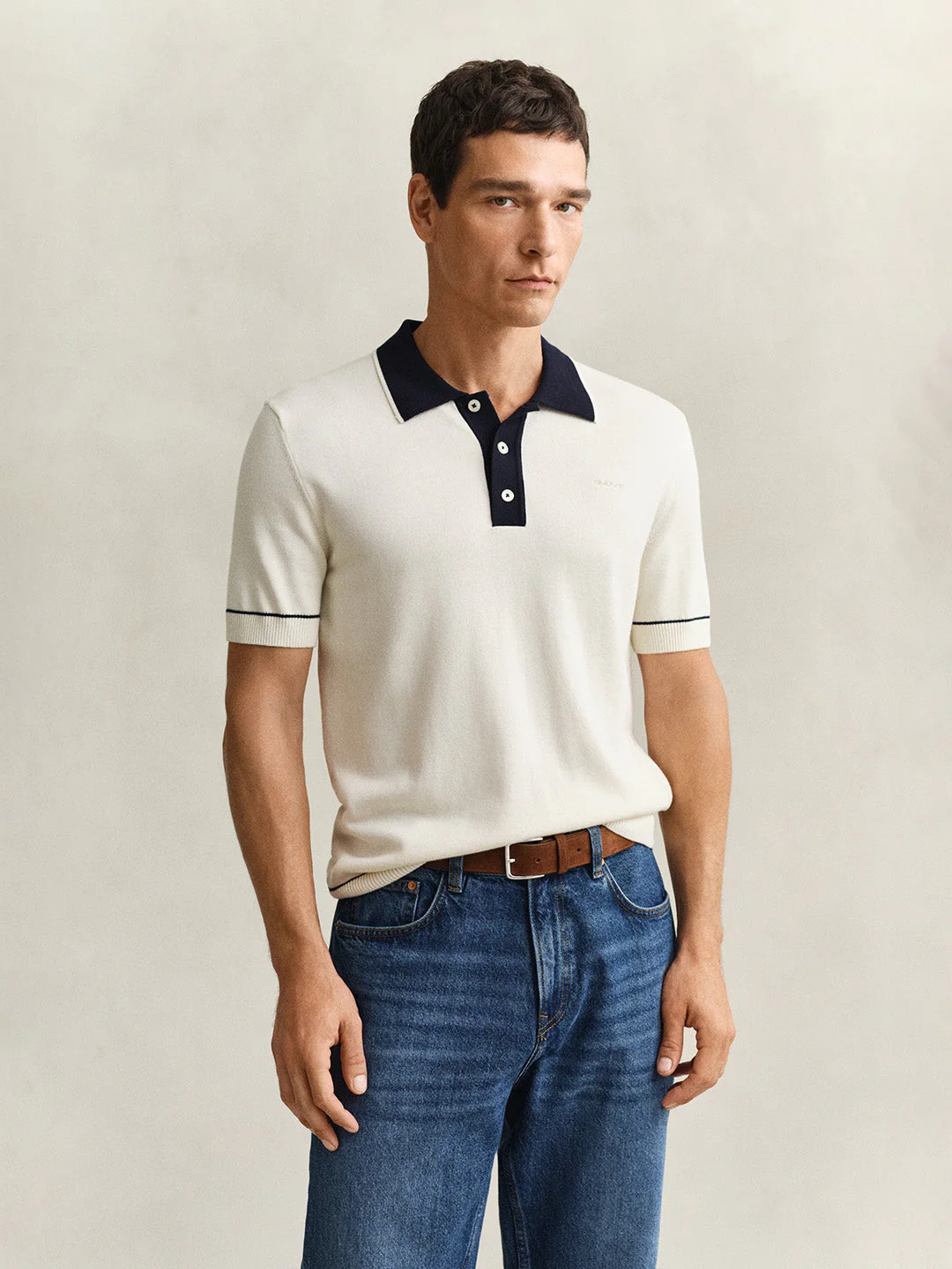 Gant Men Cream Solid Regular Fit Polo T-Shirt