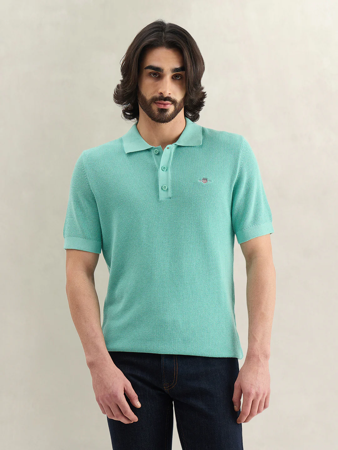 Gant Men Turquoise Solid Regular Fit Micro Textured Polo T-Shirt