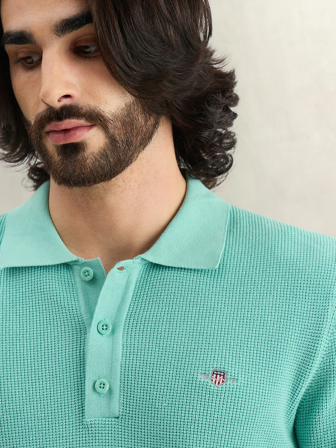 Gant Men Turquoise Solid Regular Fit Micro Textured Polo T-Shirt - Image 3