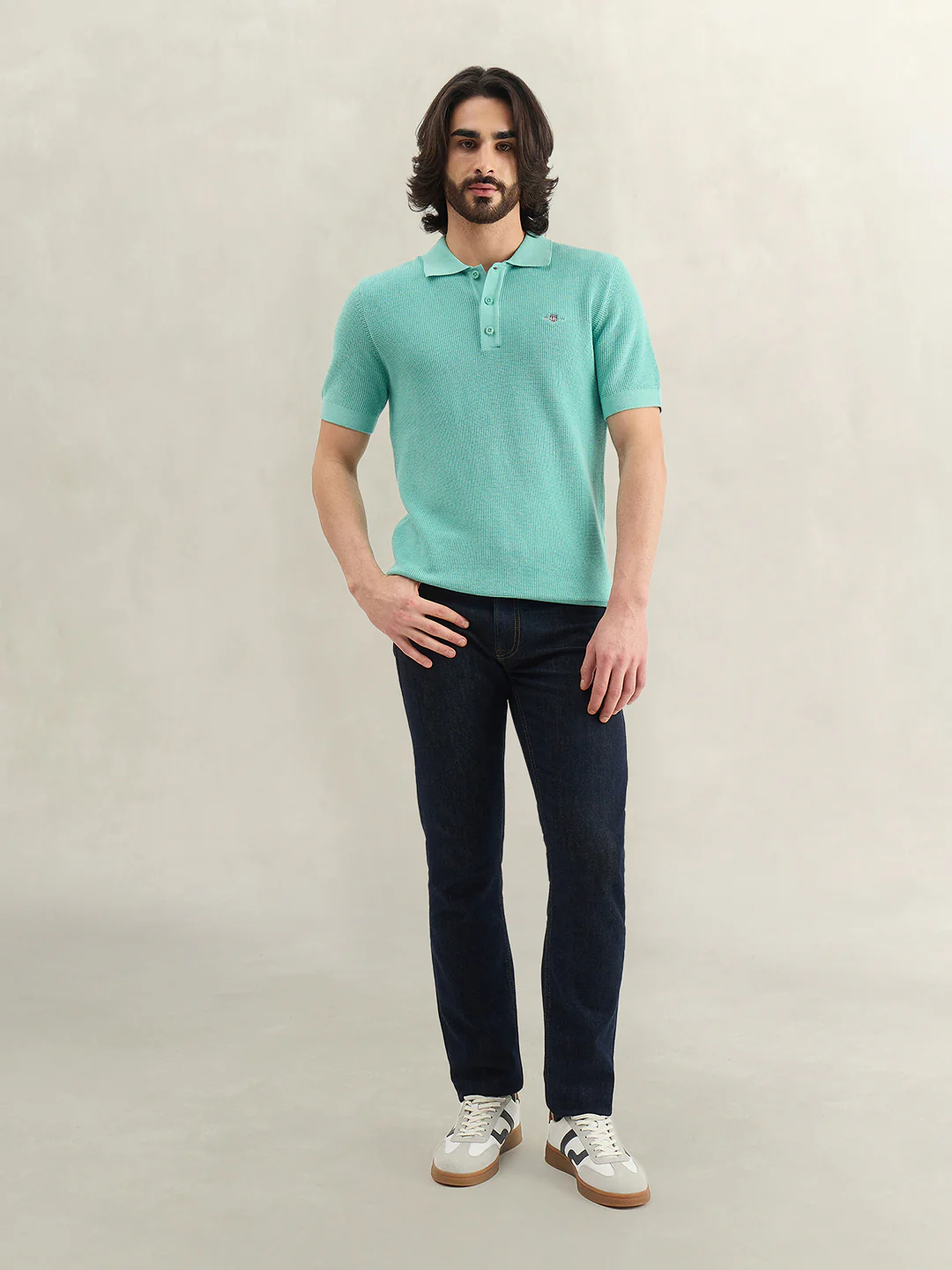 Gant Men Turquoise Solid Regular Fit Micro Textured Polo T-Shirt - Image 4
