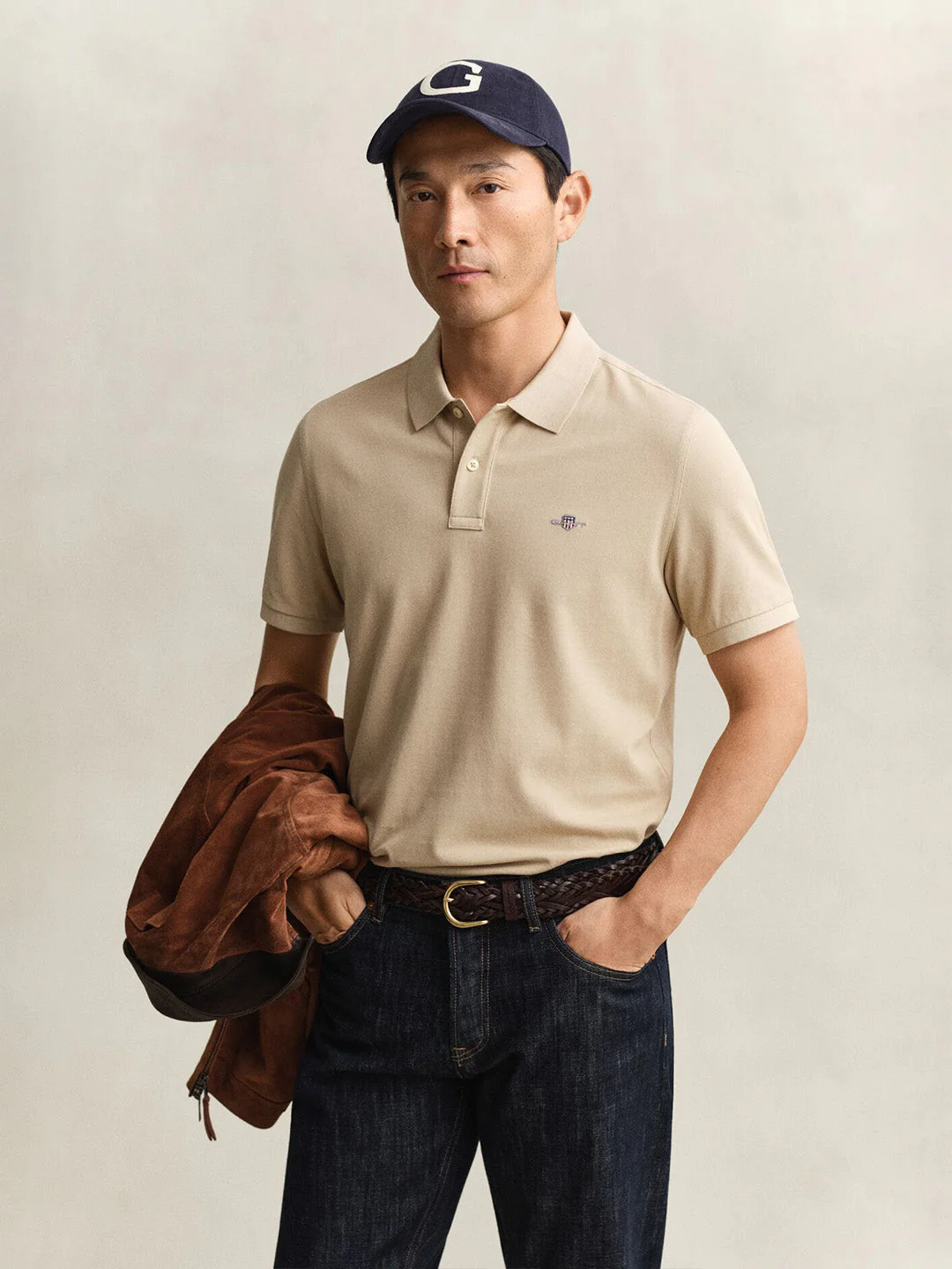 Gant Men Beige Solid Regular Fit Polo T-Shirt