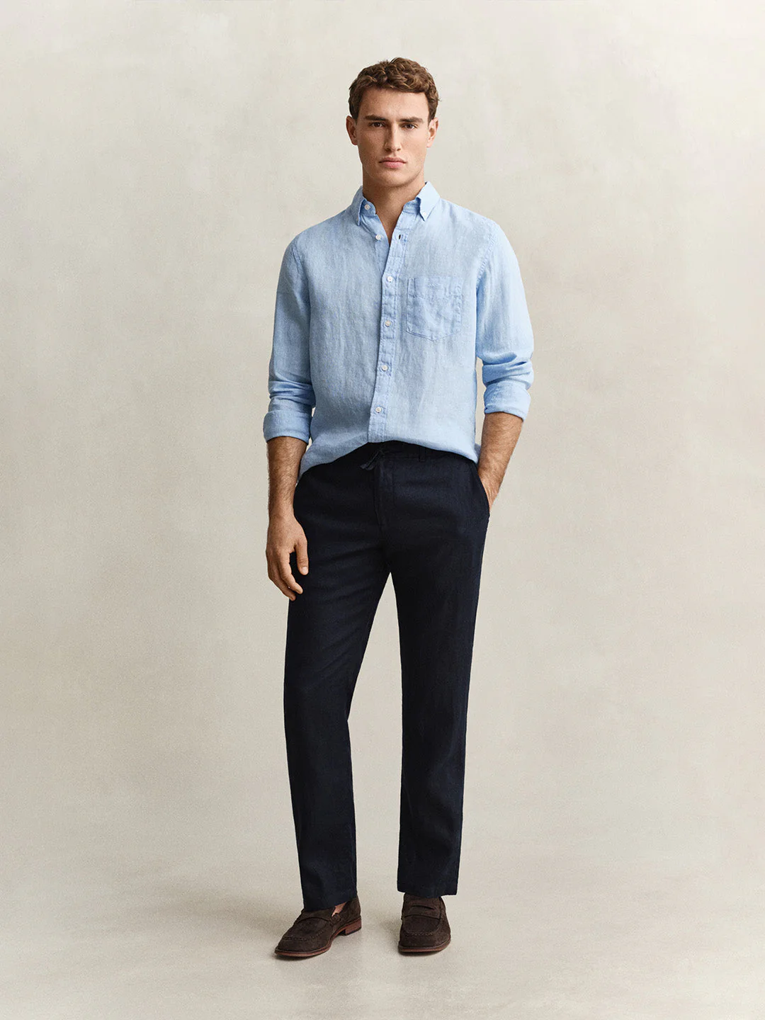 Gant Men Navy Blue Solid Regular Fit Pure Linen Trouser - Image 6