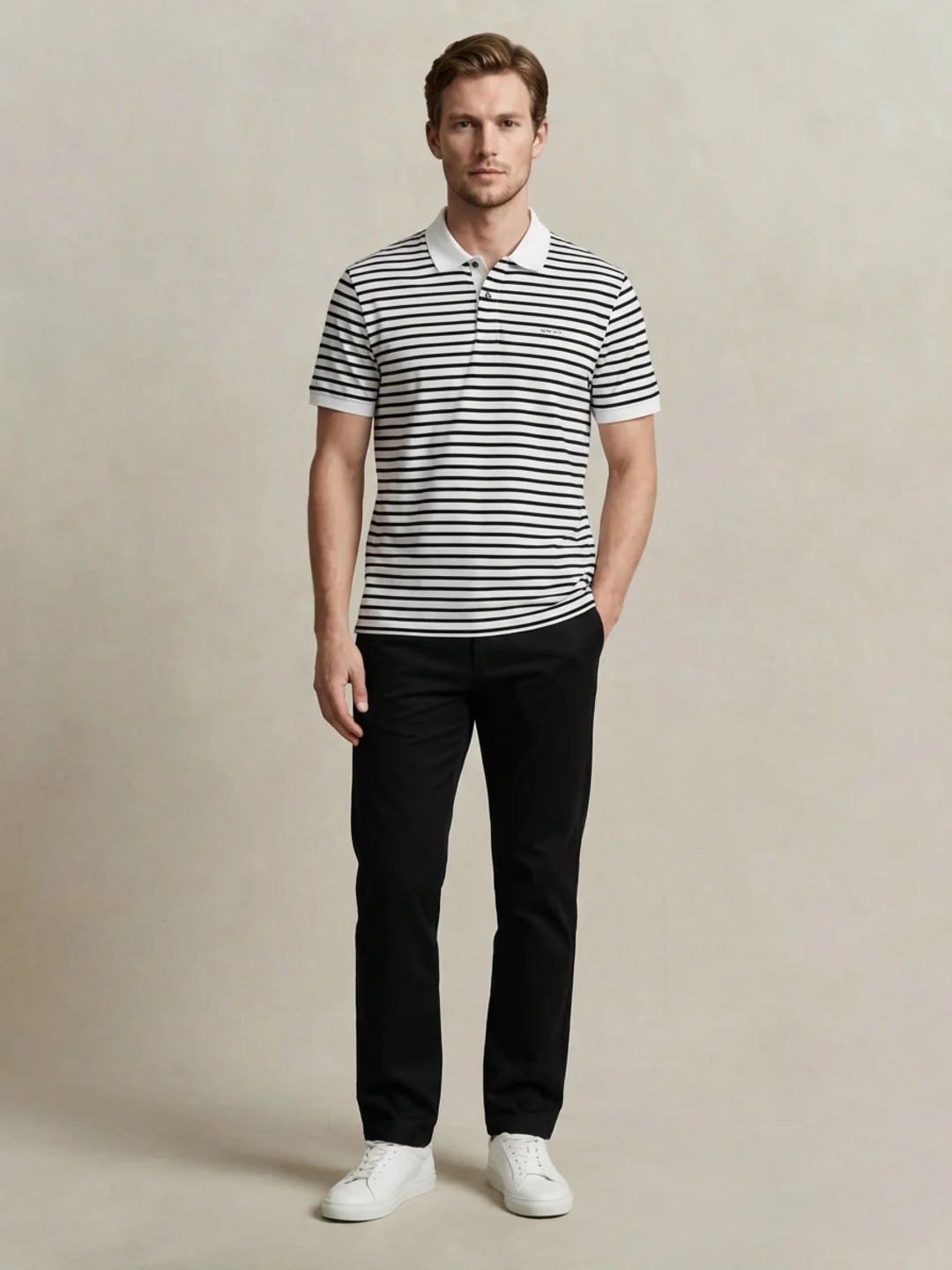 Gant Men Eggshell White Striped Regular Fit Pure Cotton Polo T-Shirt - Image 2