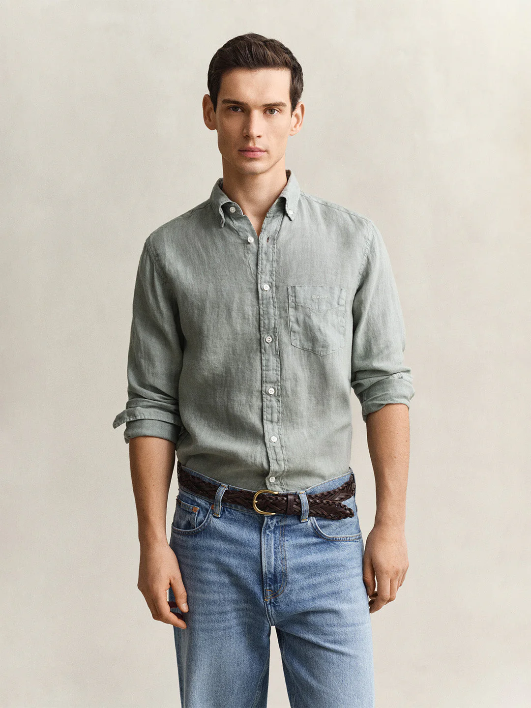 Gant Men Grey Solid Regular Fit Pure Linen Shirt