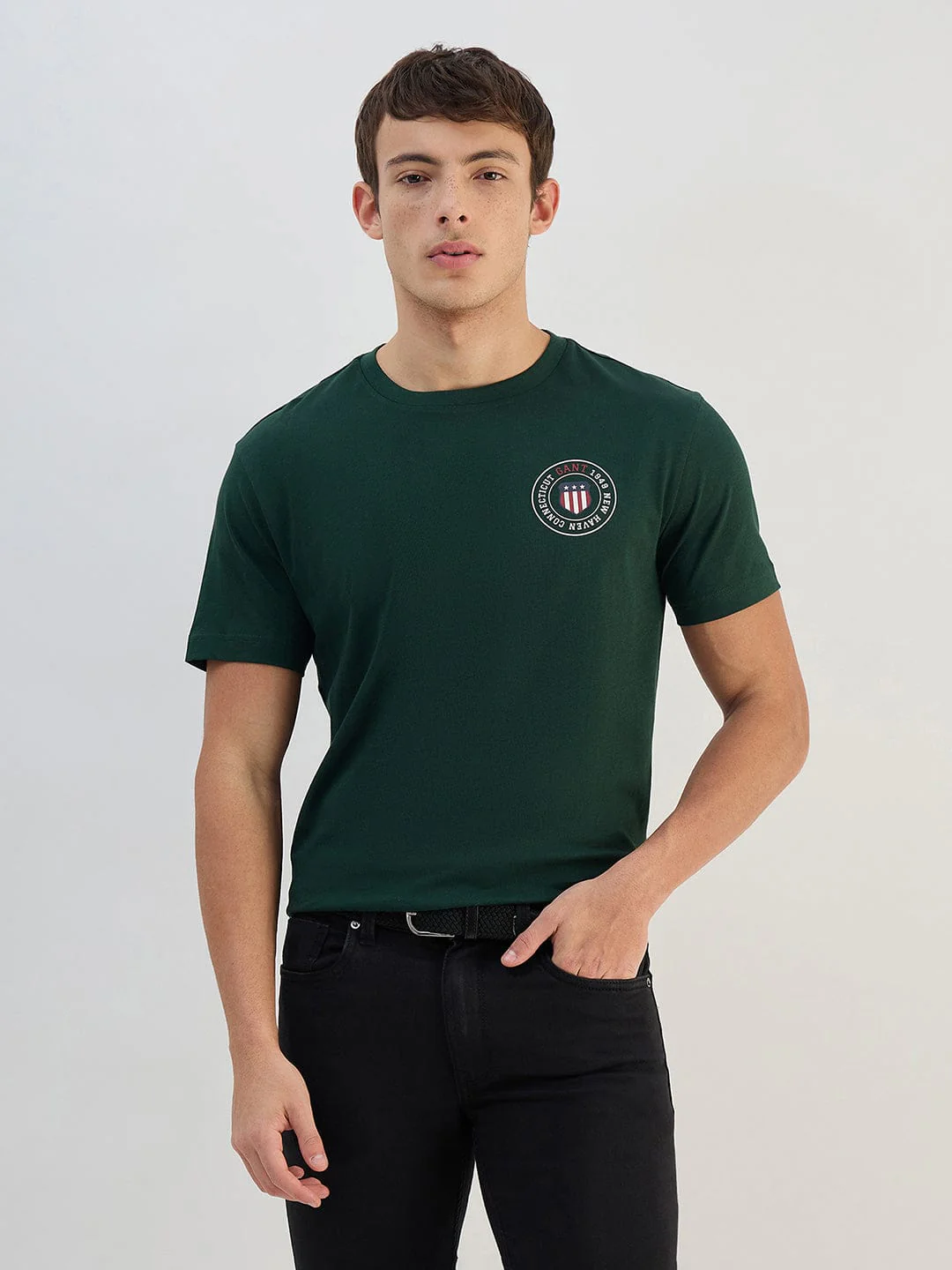 Gant Men Green Solid Pure Cotton Round Neck T Shirt