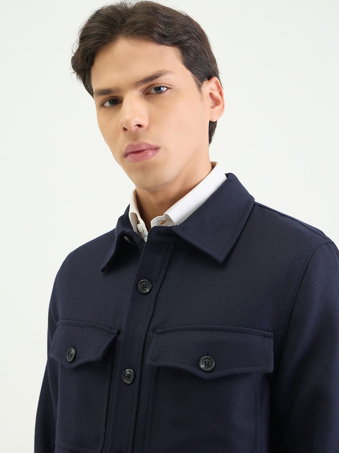 Gant Men Regular Navy Blue Solid Wool Blend Oversize Shirt - Image 2