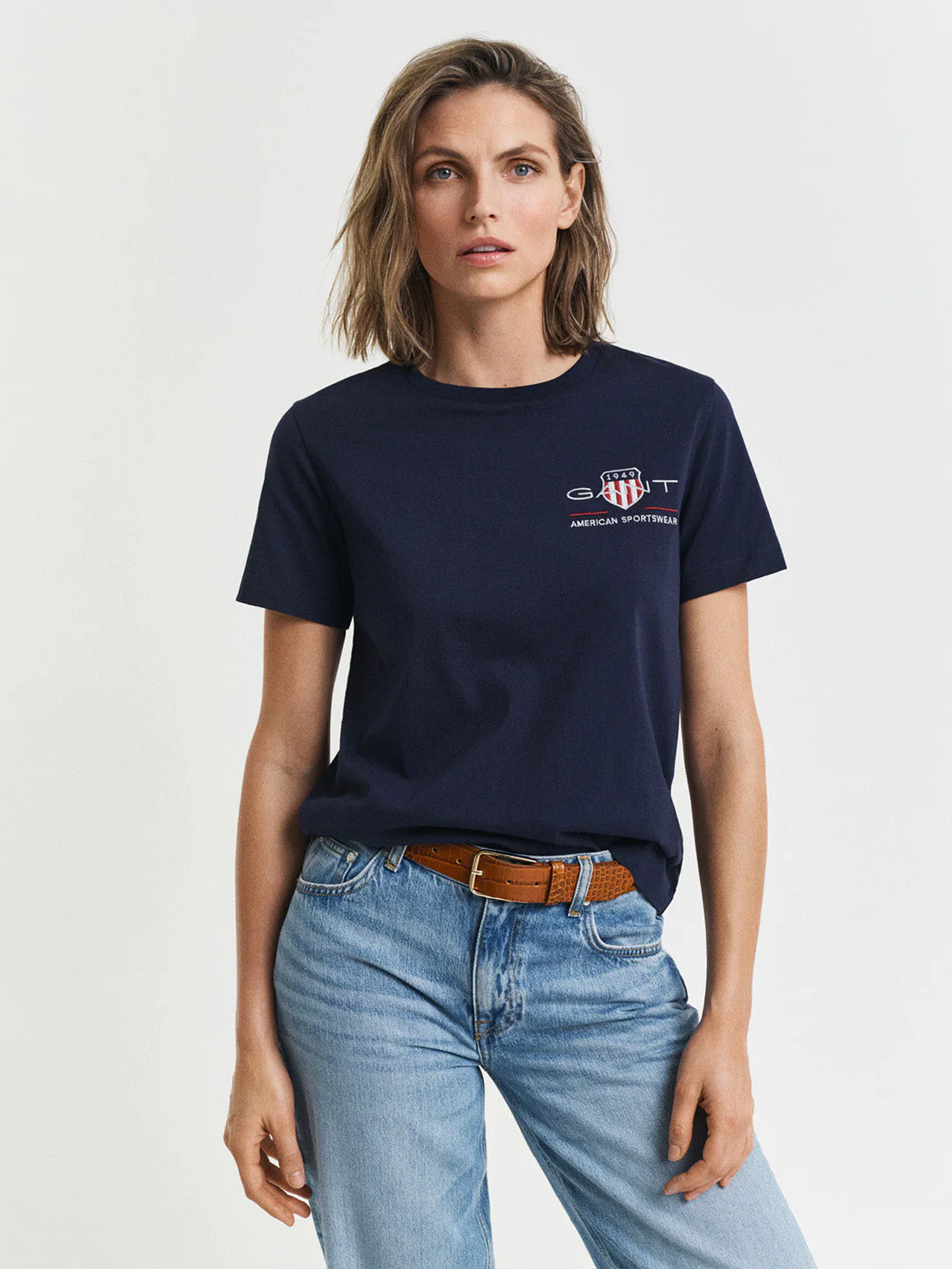 Gant Women Navy Blue Embroidered Regular Fit T-Shirt