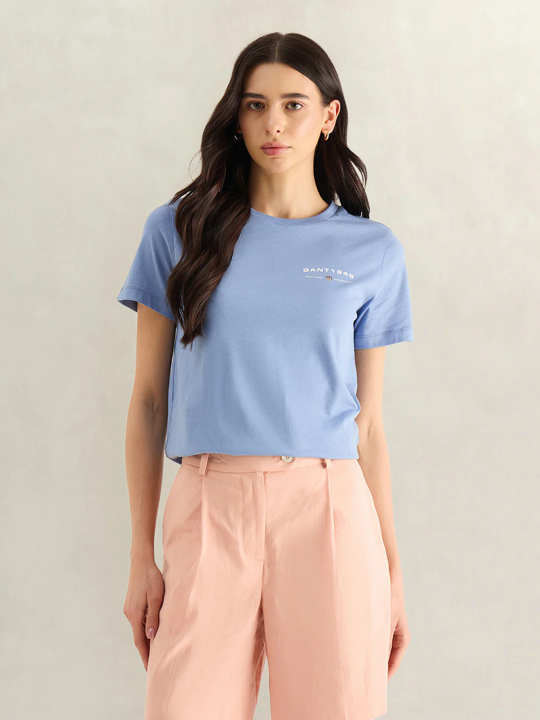 Gant Women Blue Solid Regular Fit Pure Cotton T-Shirt