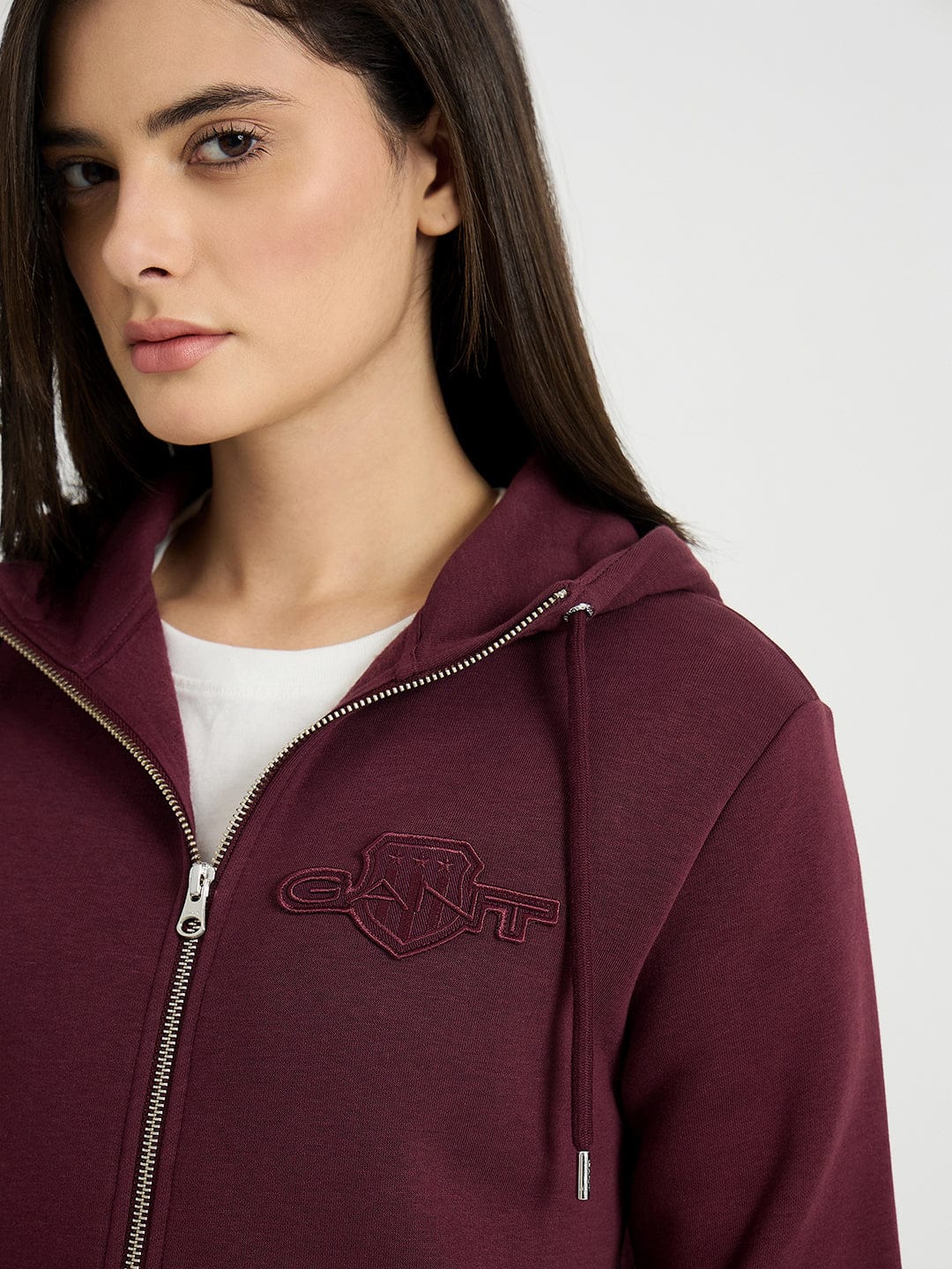 GANT Women Wine Tonal Shield Zip Hooded Sweatshirt - Image 2