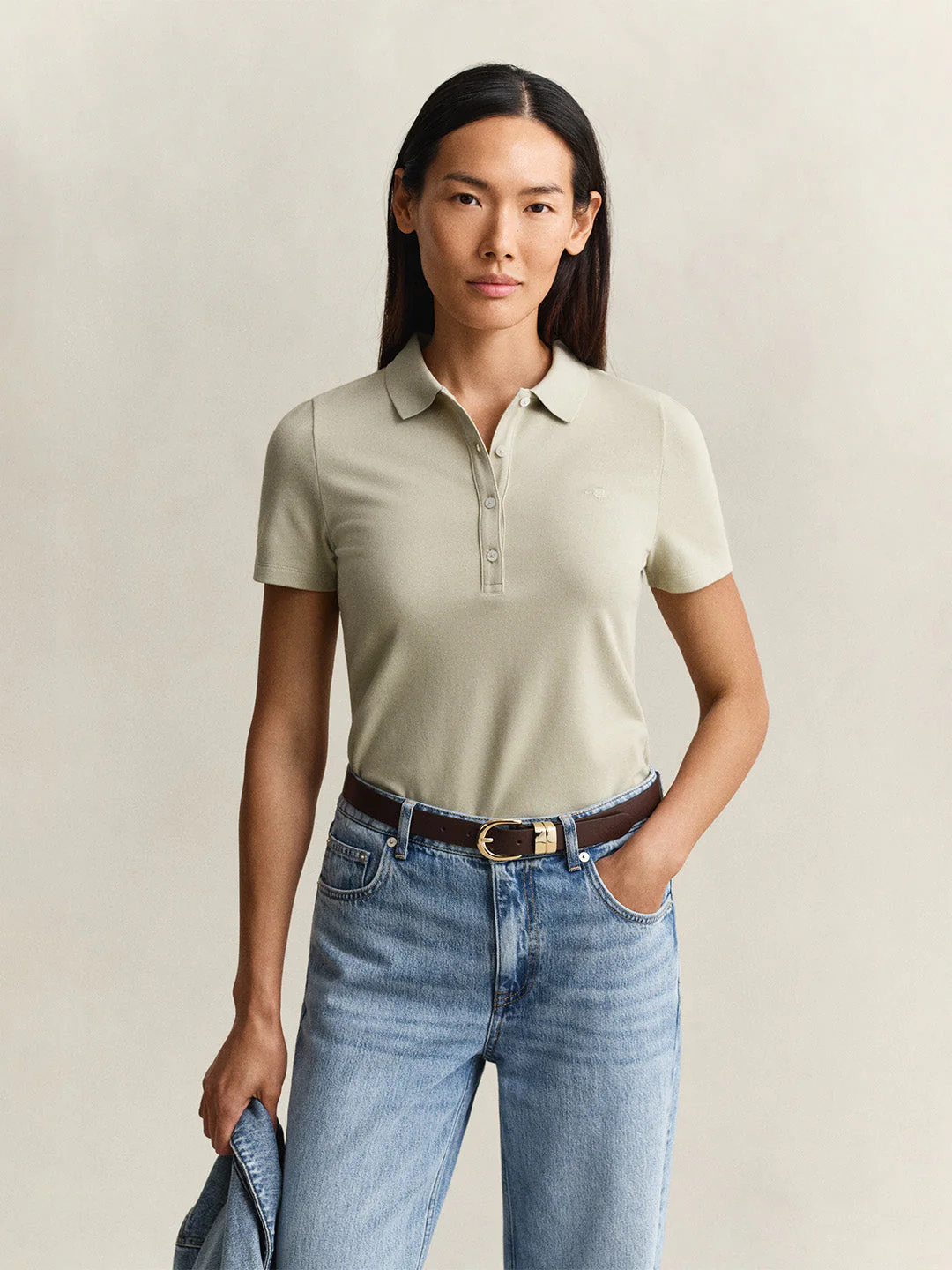 Gant Women Beige Solid Slim Fit Polo T-Shirt