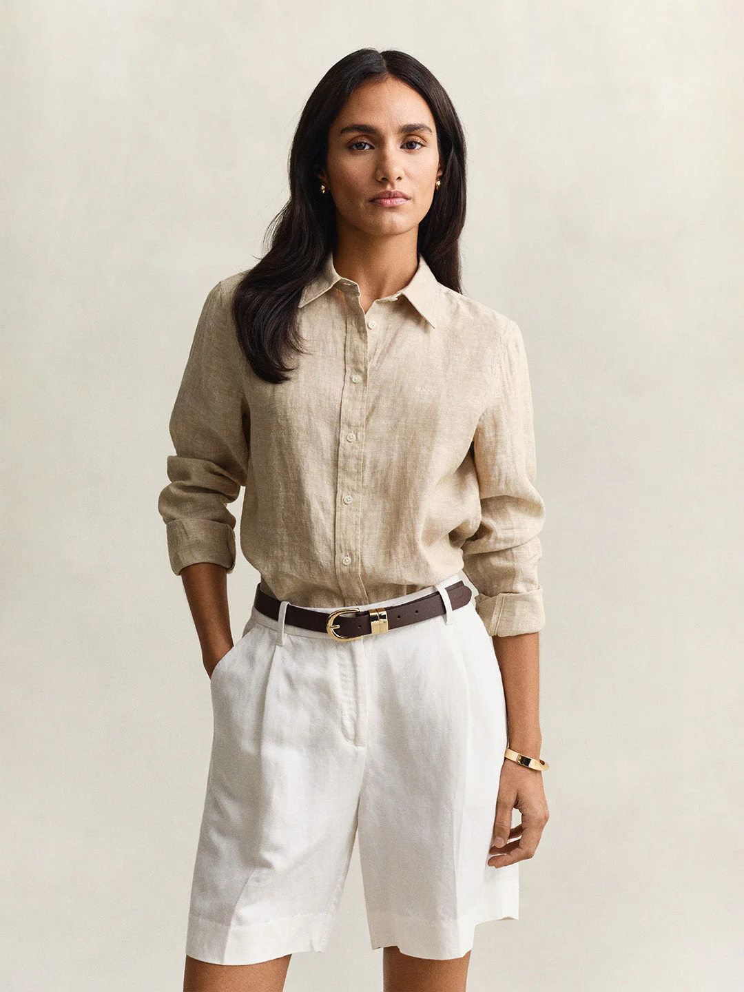 Gant Women Beige Solid Regular Fit Pure Linen Shirt