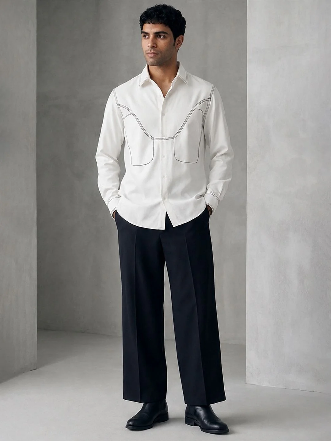 House Of Rohit Doshi Men White Embroidered Slim Fit Shirt