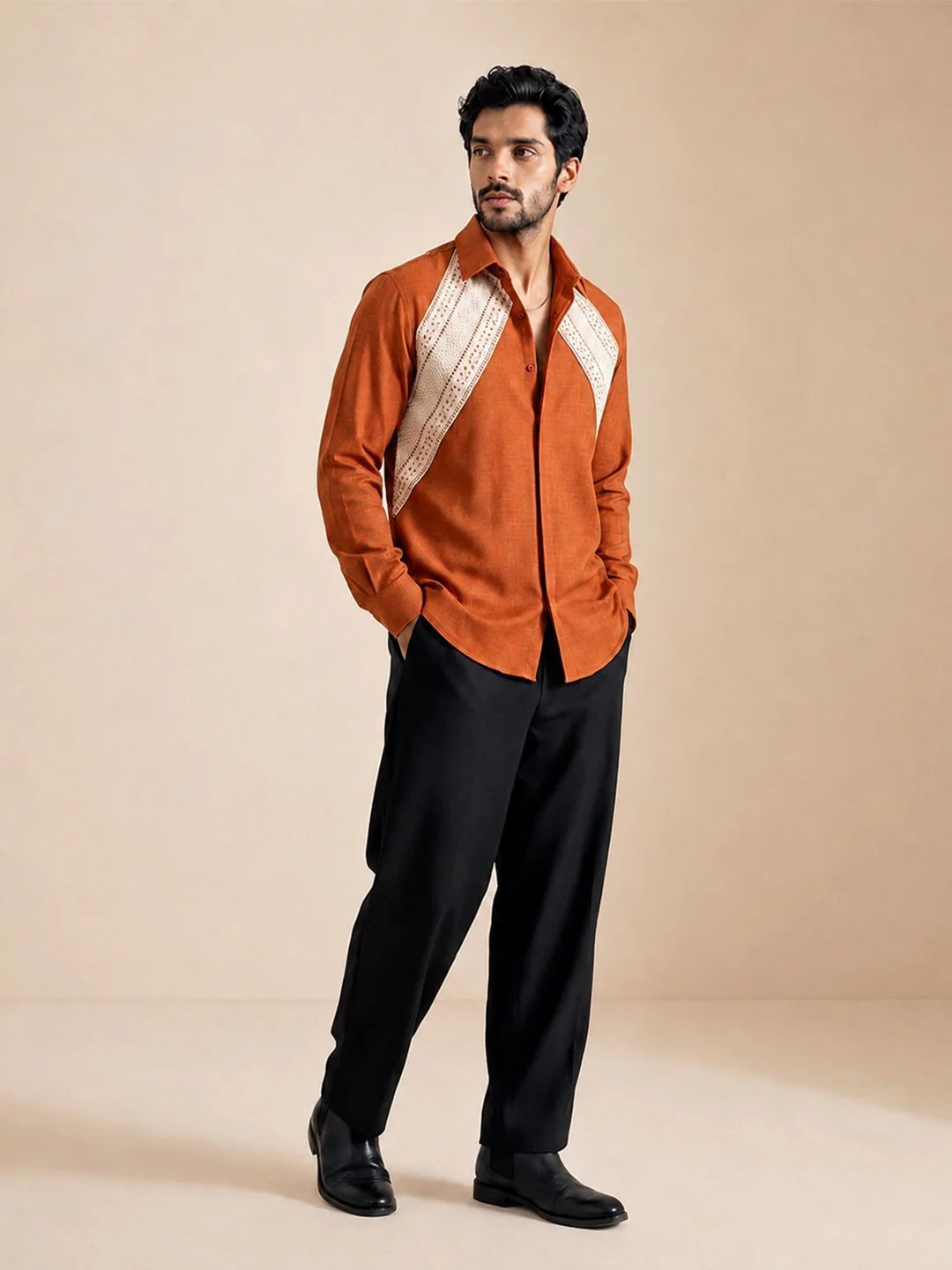 House Of Rohit Doshi Men Orange Embroidered Slim Fit Shirt - Image 2