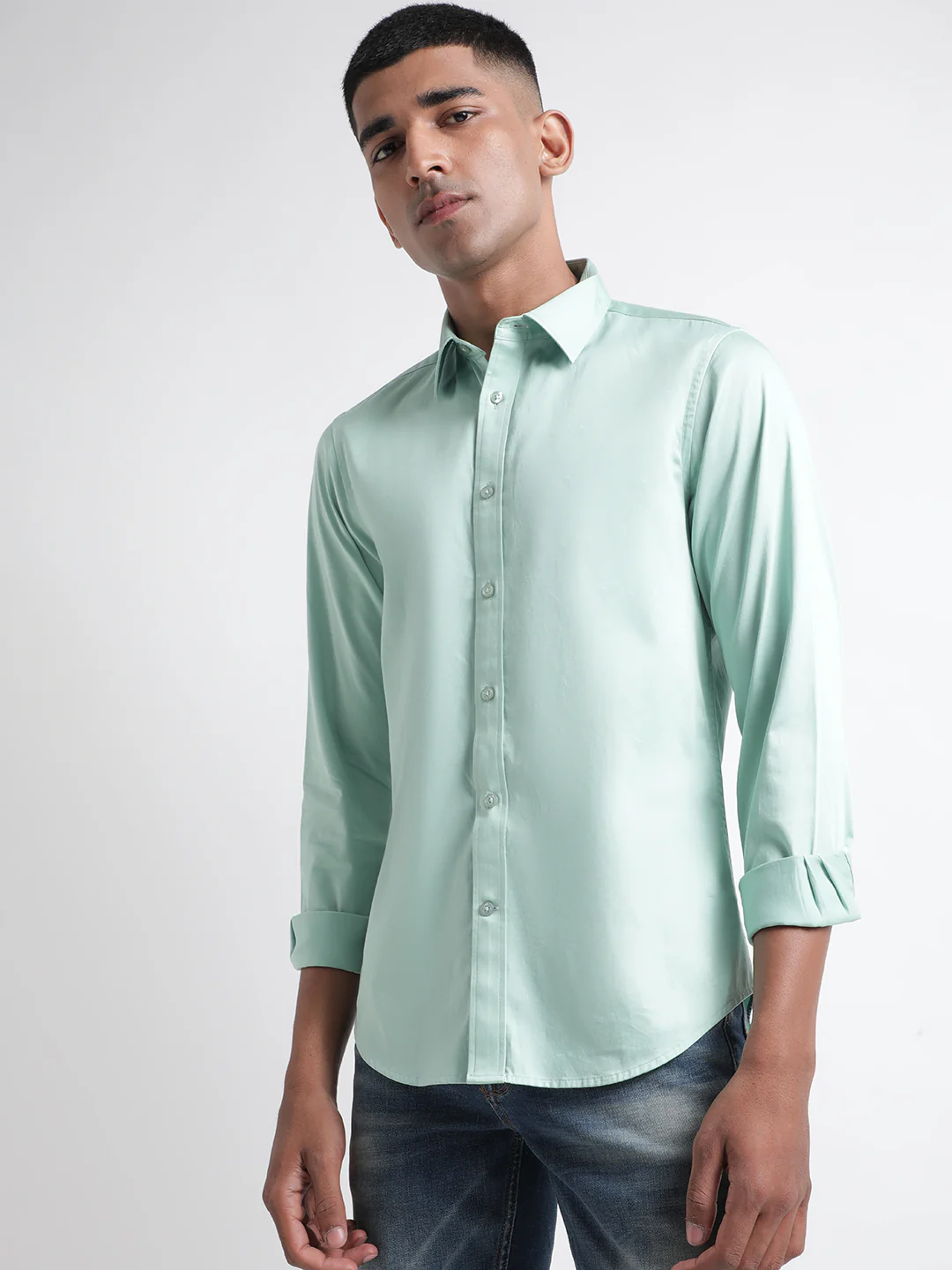 Iconic Men Green Solid Spread Collar Full Sleeves Shirt - Image 5