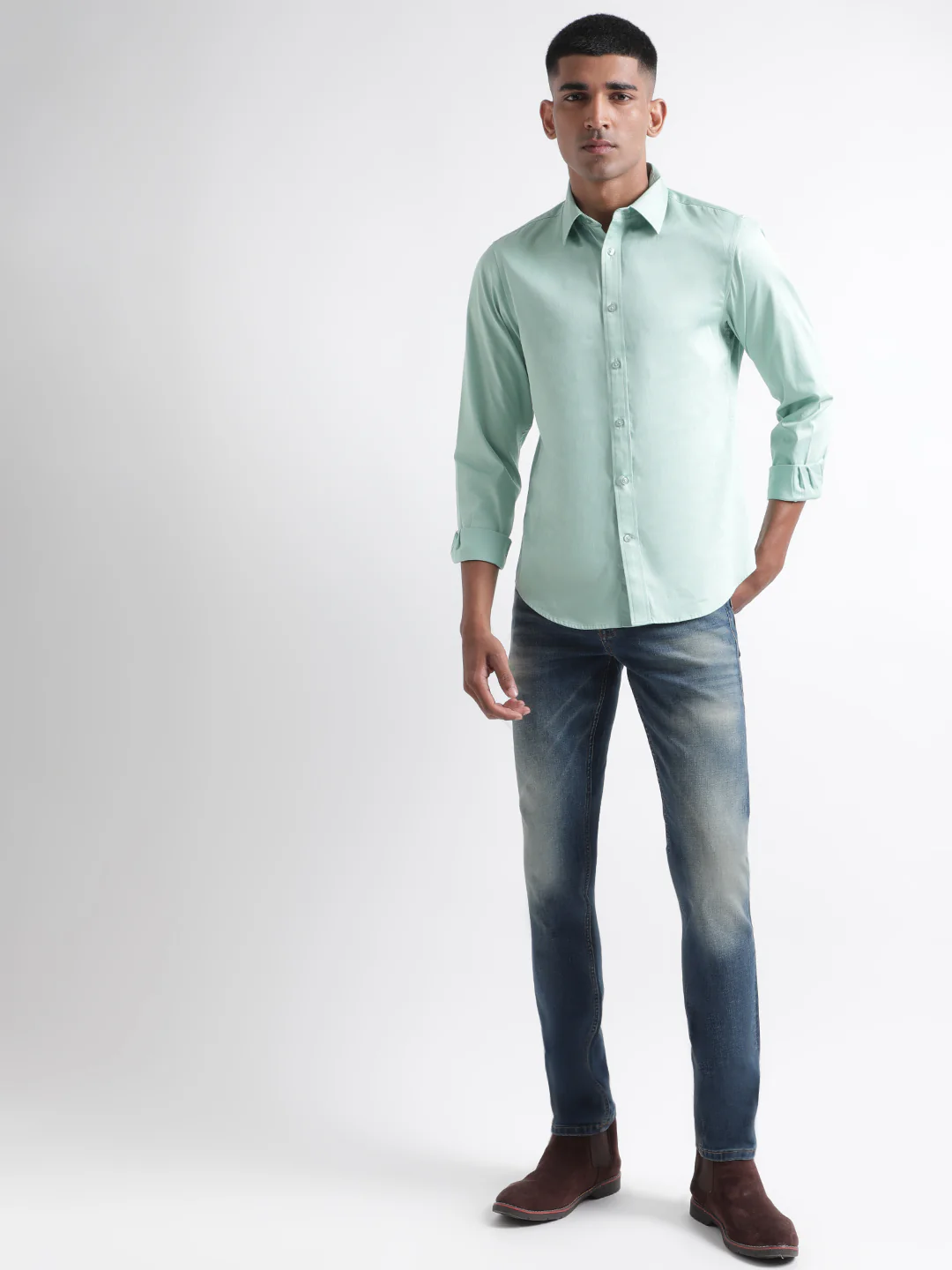 Iconic Men Green Solid Spread Collar Full Sleeves Shirt - Image 6