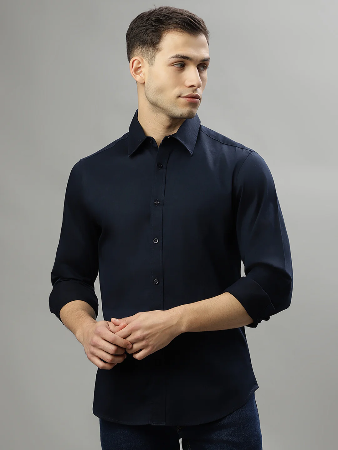 Iconic Men Navy Blue Solid Spread Collar Full Sleeves Shirt - Image 4