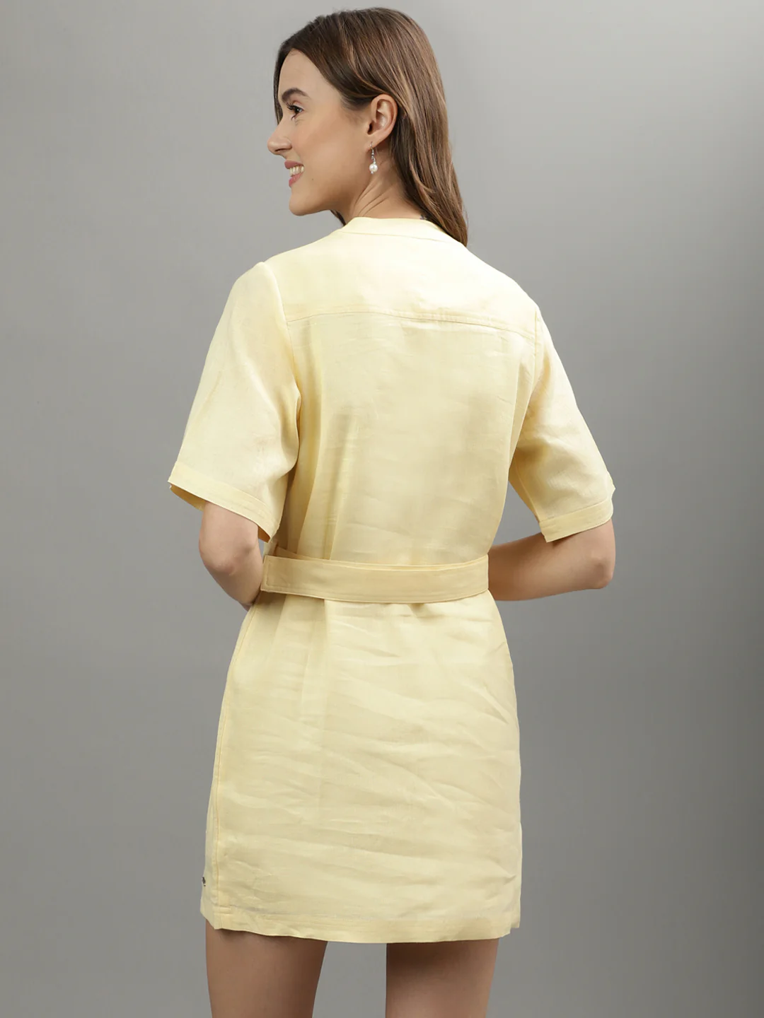 Iconic Women Yellow Solid Band Collar Dress - Image 4
