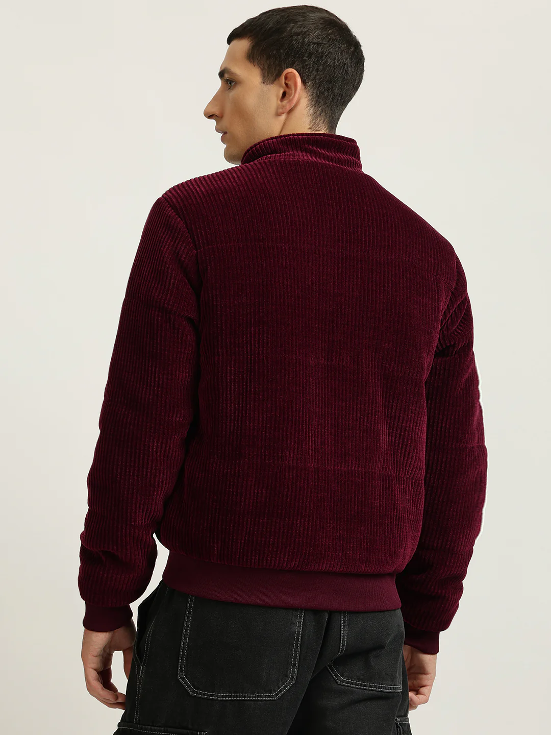 Iconic Men Red Solid Stand Collar Full Sleeves Bomber Jacket - Image 3