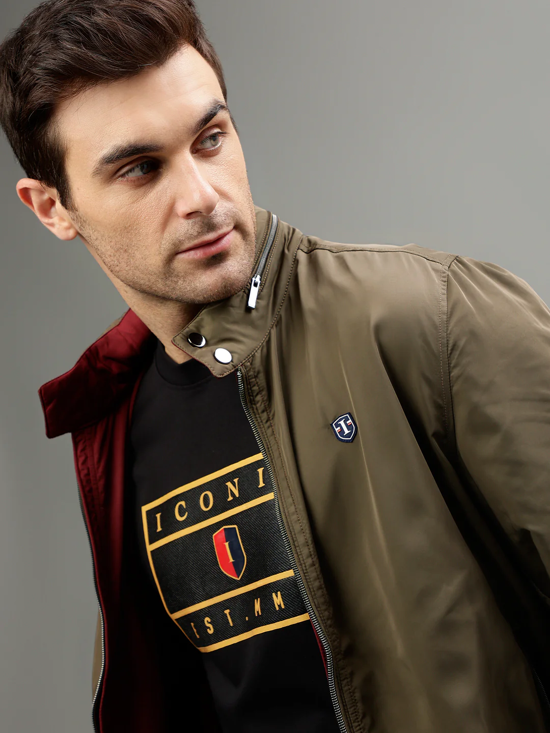 Iconic Men Solid Stand Collar Full Sleeves  Reversible Jacket - Image 2