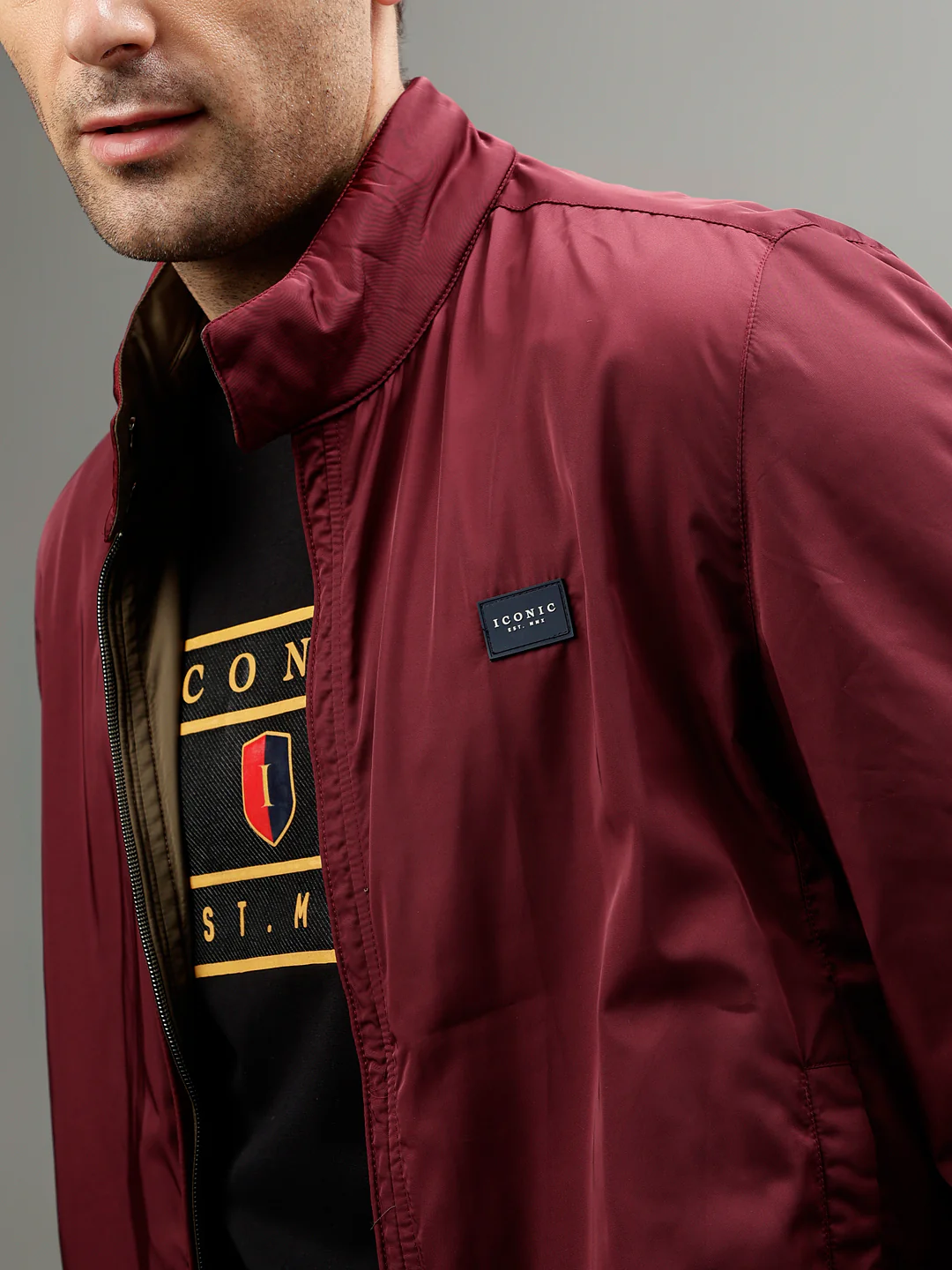 Iconic Men Solid Stand Collar Full Sleeves  Reversible Jacket - Image 5