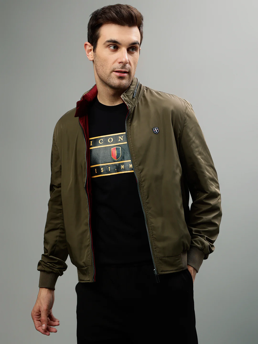 Iconic Men Solid Stand Collar Full Sleeves  Reversible Jacket - Image 6