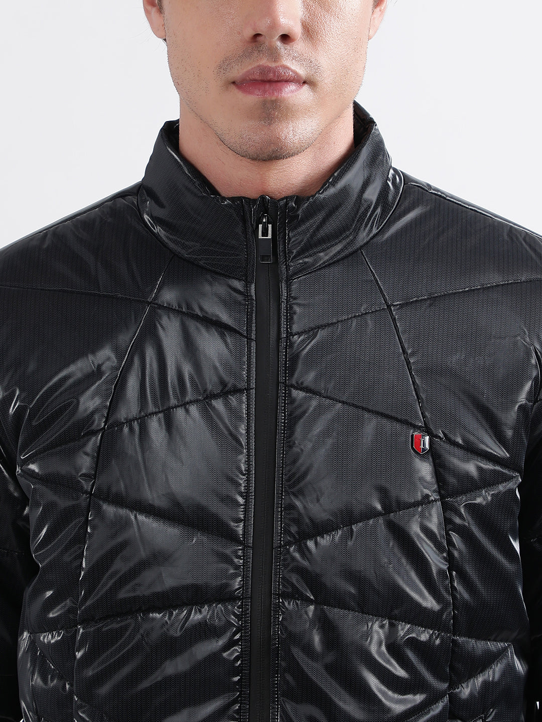 Iconic Men Black Solid Stand Collar Full Sleeves Quilted Jacket - Image 6