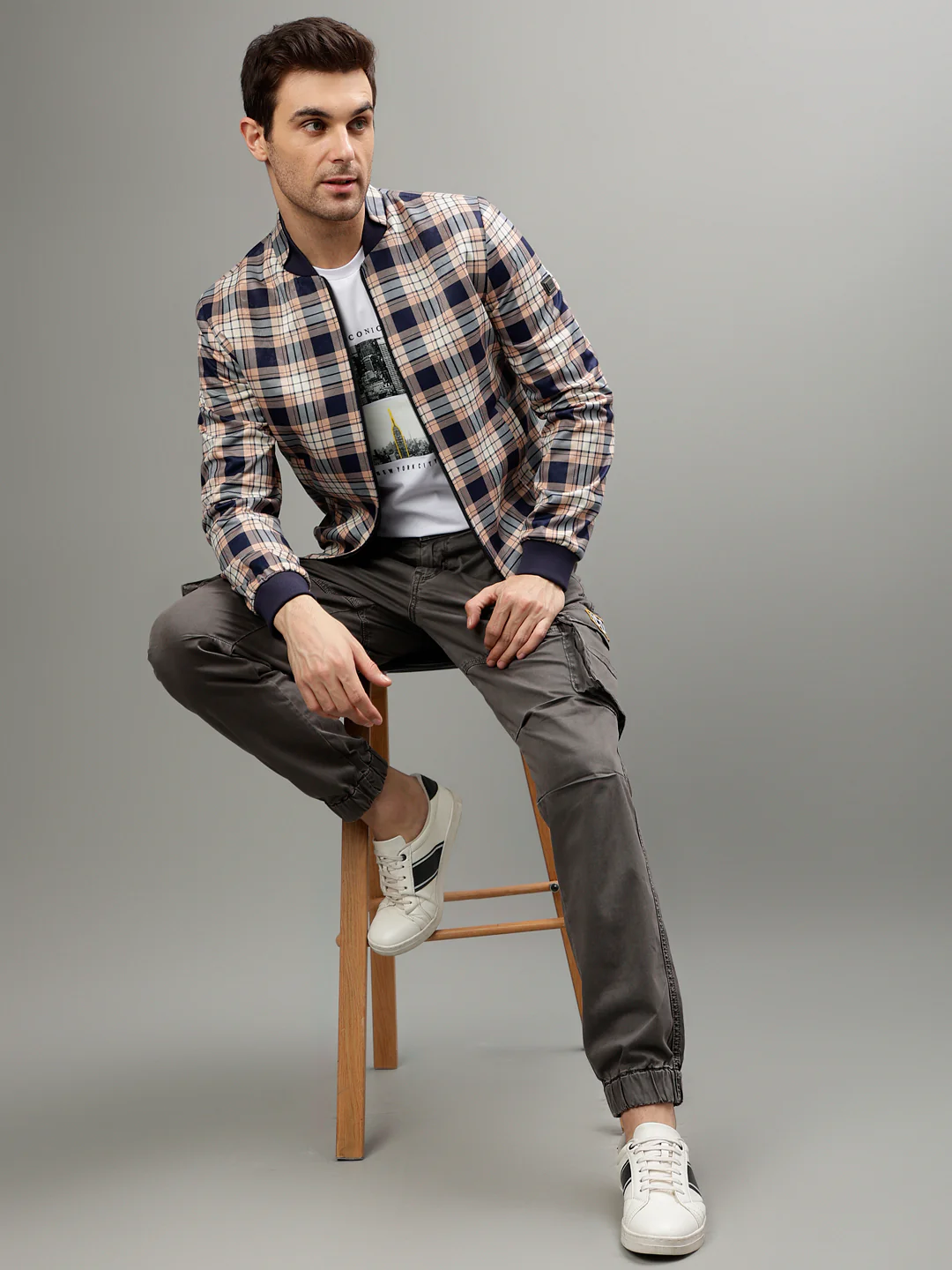 Iconic Men Checked Stand Collar Full Sleeves Bomber Jacket - Image 5