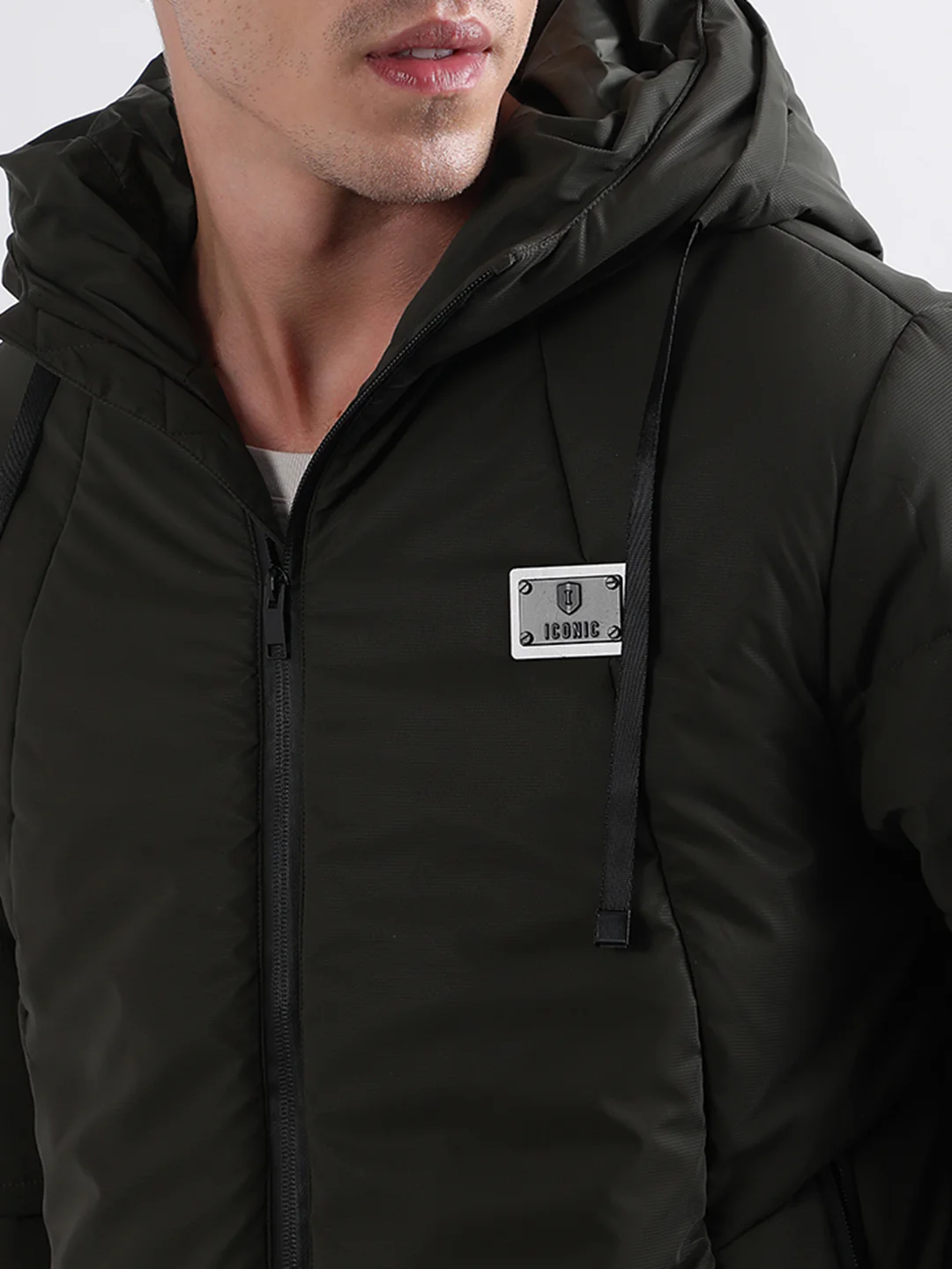 Iconic Men Olive Solid Hooded Jacket - Image 5