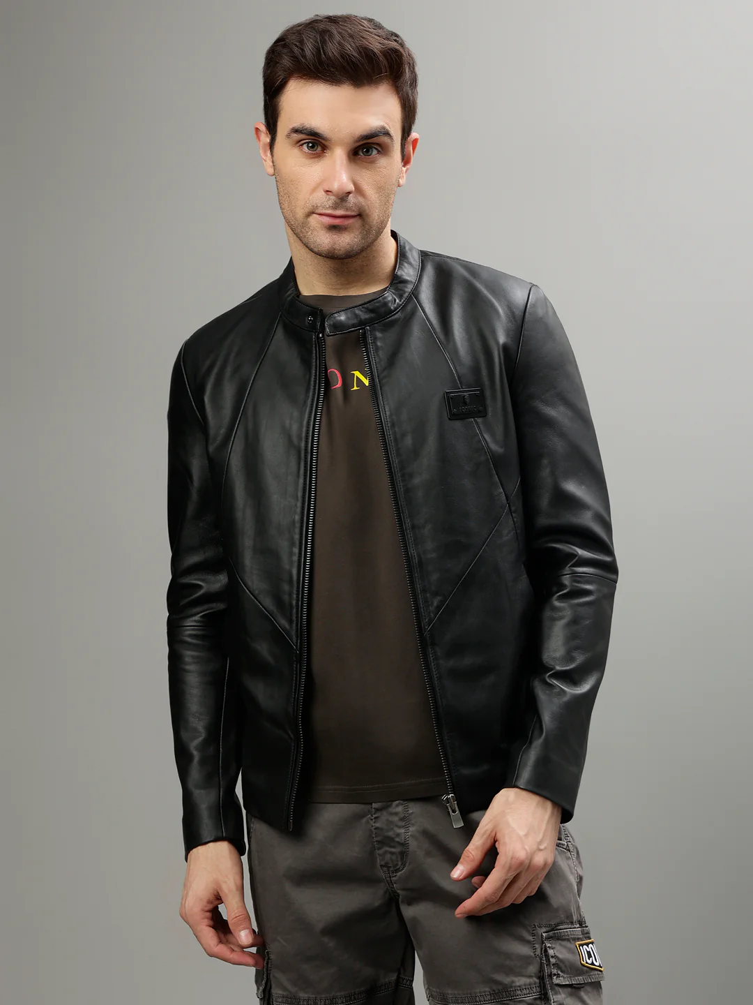 Iconic Men Solid Band Collar Full Sleeves Leather Jacket - Image 2