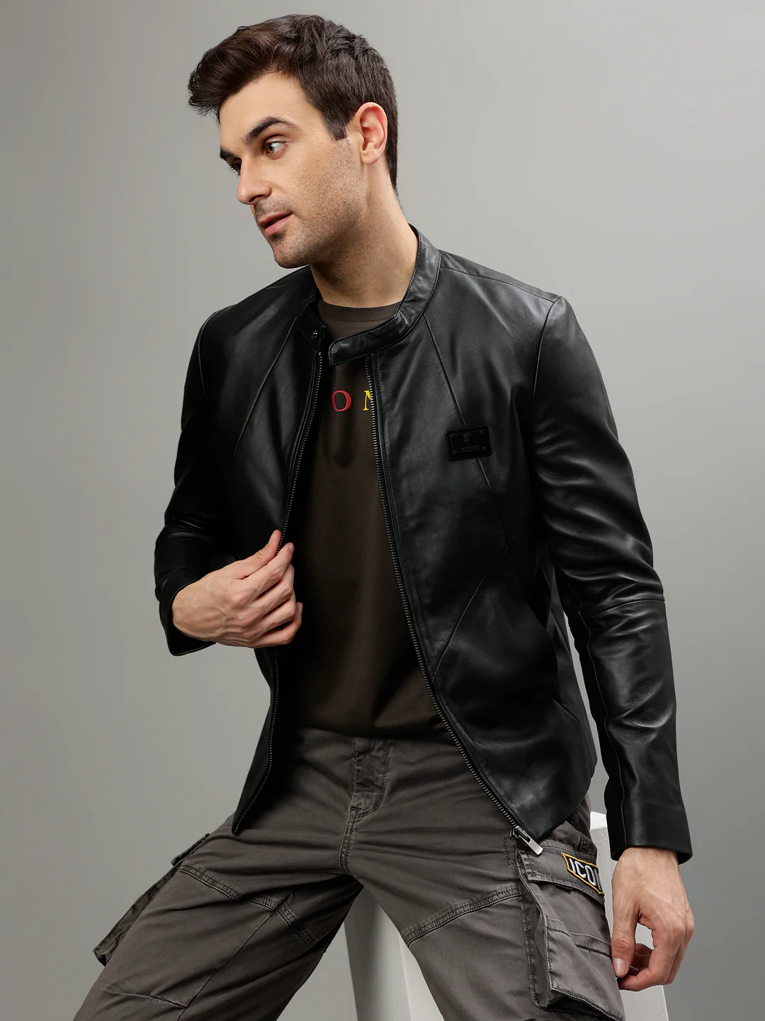 Iconic Men Black Solid Band Collar Full Sleeves Jacket - Image 2