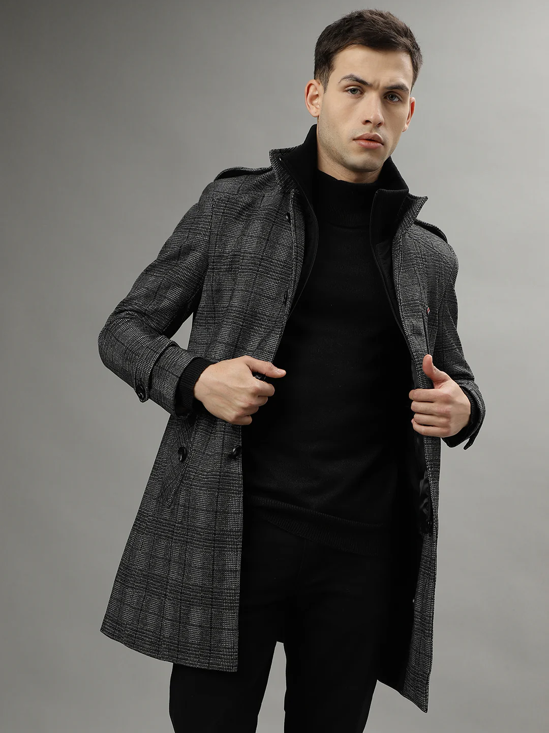 Iconic Men Black Checked Spread Collar Long Sleeves Overcoat - Image 5