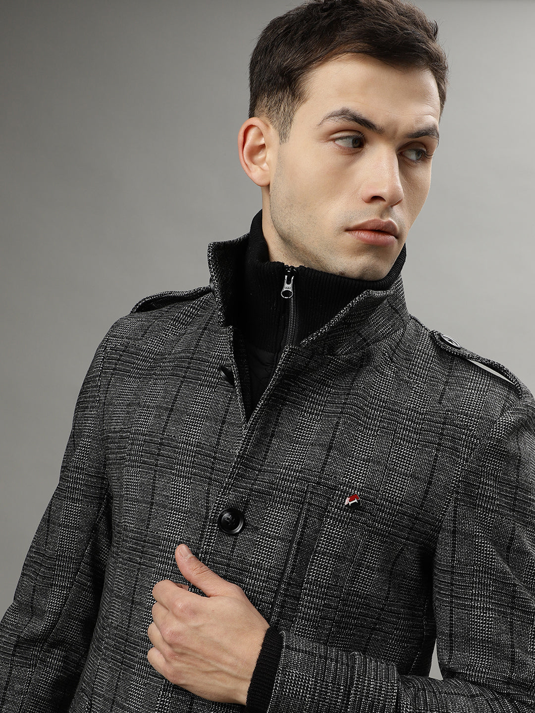 Iconic Men Black Checked Shirt Collar Full Sleeves Overcoat - Image 6