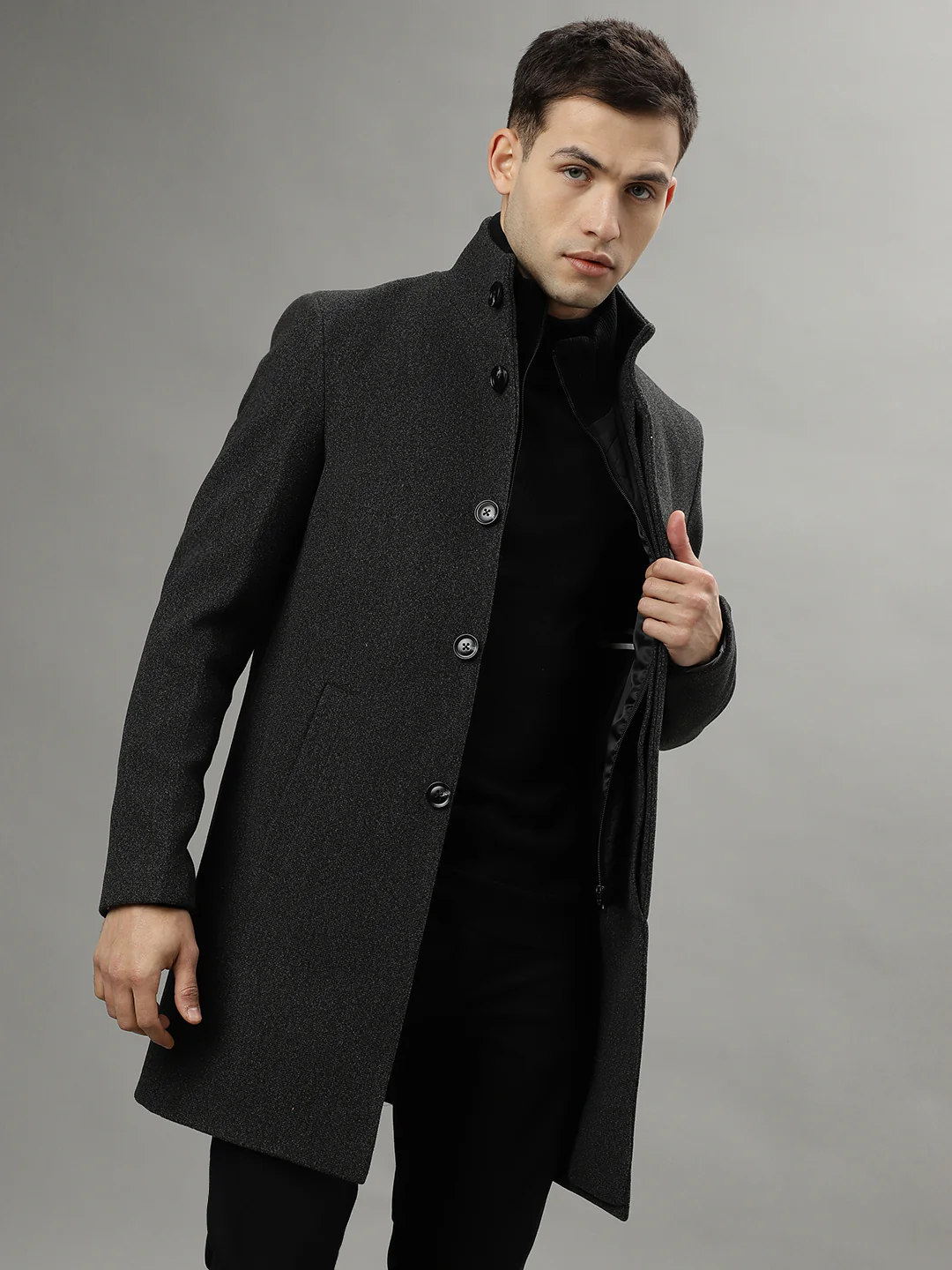Iconic Men Grey Solid Stand Collar Long Sleeves Overcoat - Image 5
