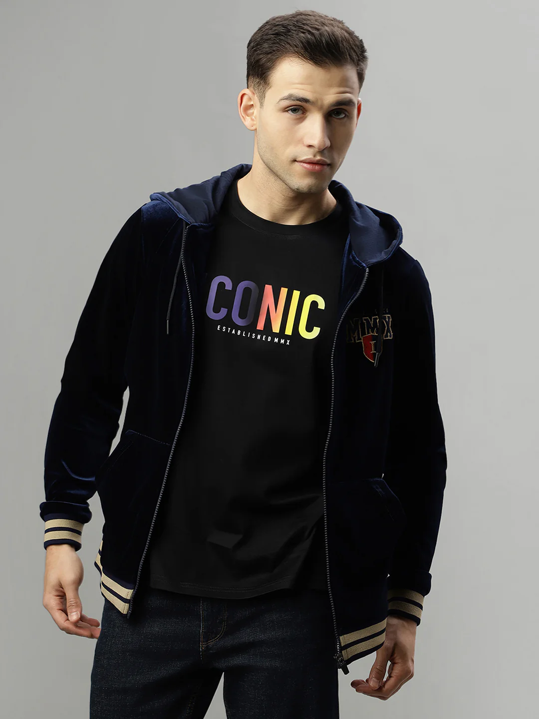 Iconic Men Navy Blue Solid Hooded Long Sleeves Jacket - Image 2